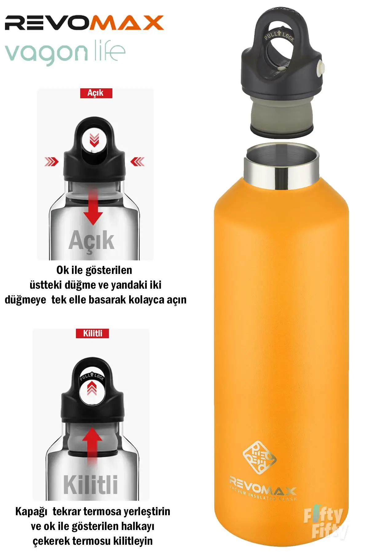 Revomax 950 ML Büyük Kapasiteli Özel Kapak Sistemli 18saat Sıcak/36 Saat Soğuk Çelik Termos -950ML 