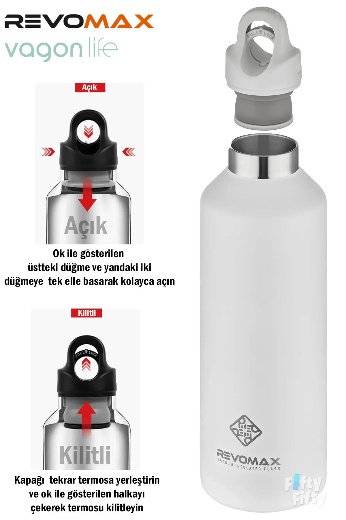 Revomax 950 ML Büyük Kapasiteli Özel Kapak Sistemli 18saat Sıcak/36 Saat Soğuk Çelik Termos -950ML 
