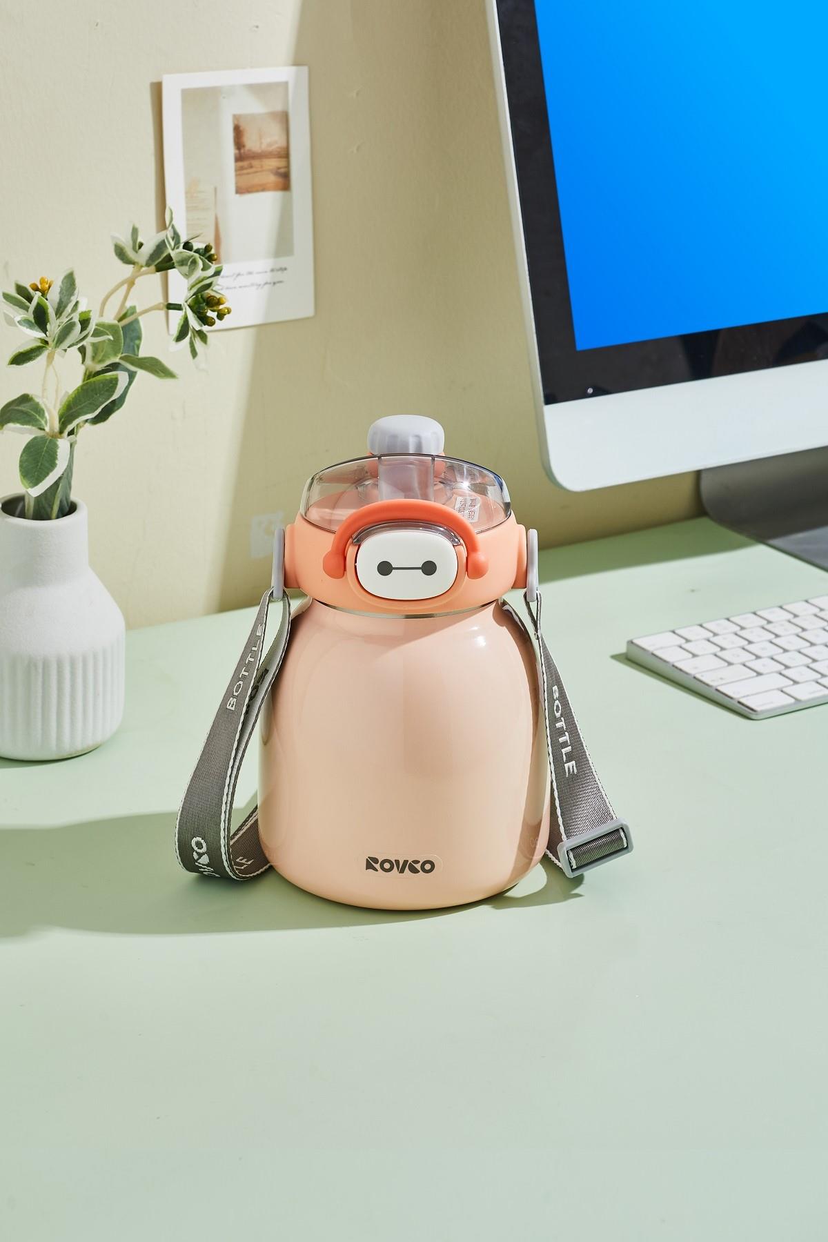  Rovco 1000ml Çelik Termos Çift Kullanım Pipetli/ Rahat İçim Askılı Sticker Hediyeli 6 saat yalıtım 