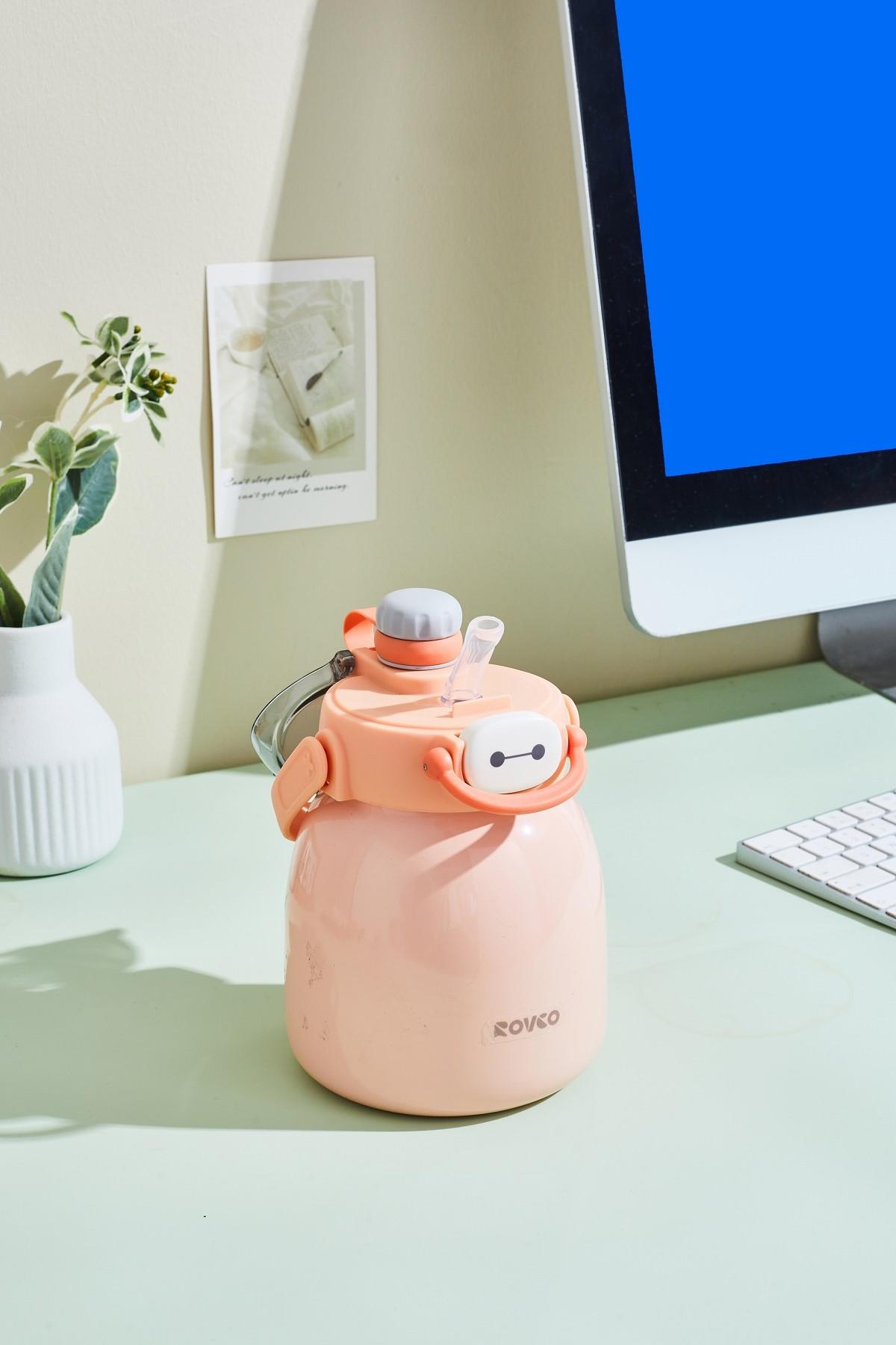  Rovco 1000ml Çelik Termos Çift Kullanım Pipetli/ Rahat İçim Askılı Sticker Hediyeli 6 saat yalıtım 