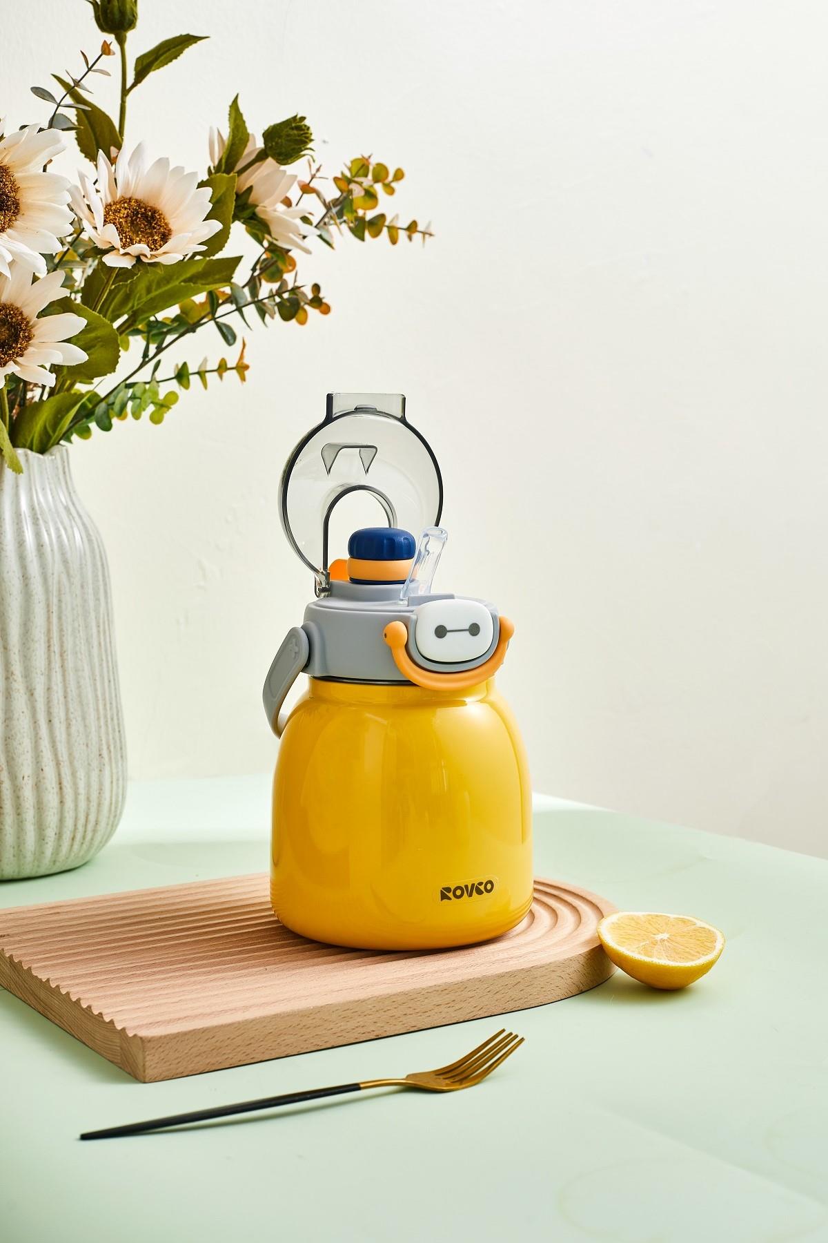  Rovco 1000ml Çelik Termos Çift Kullanım Pipetli/ Rahat İçim Askılı Sticker Hediyeli 6 saat yalıtım - Sarı