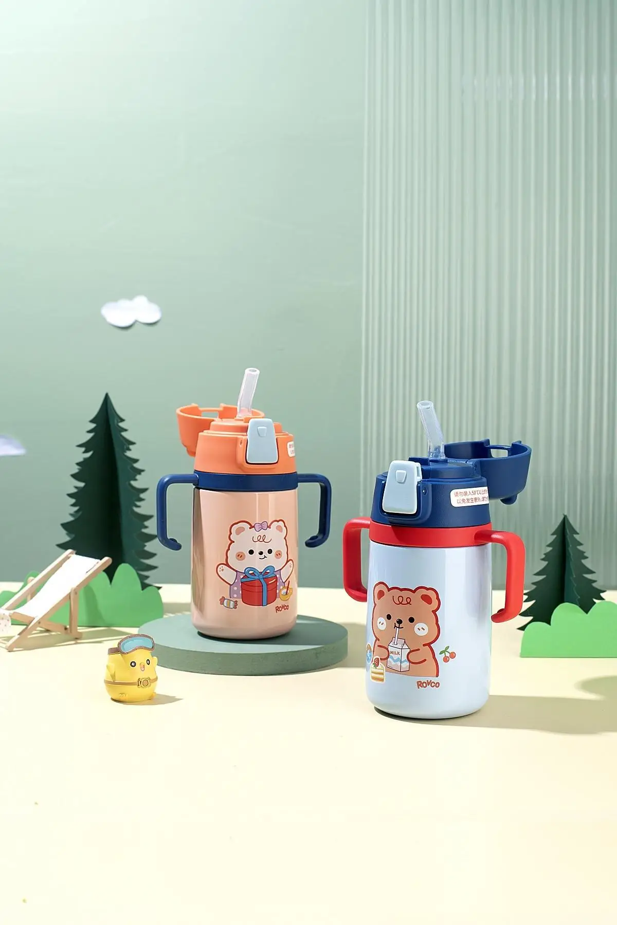 Rovco Çocuk Boyun Askılı 400 Ml Pipetli Paslanmaz Çelik Termos 2 Renk 