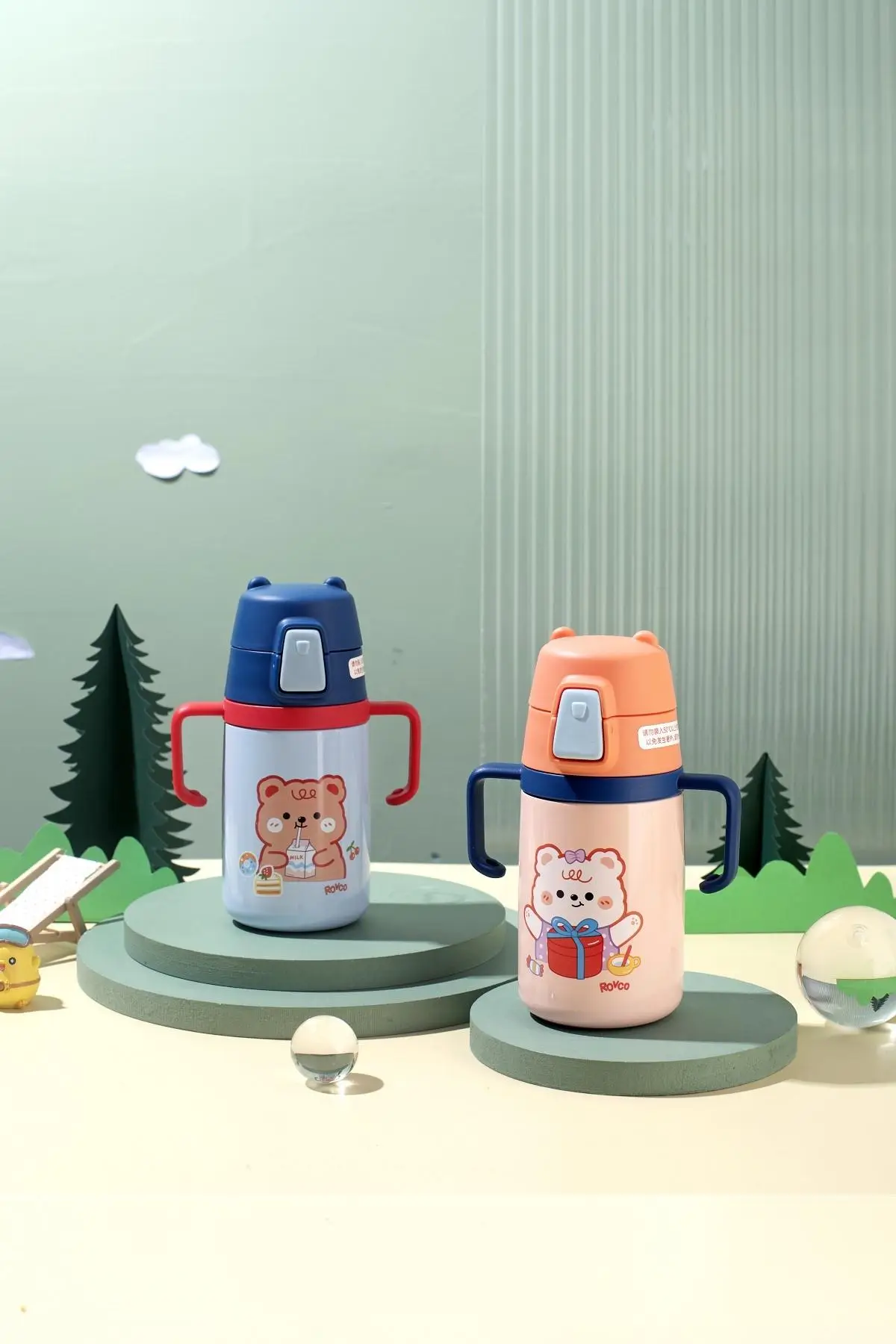 Rovco Çocuk Boyun Askılı 400 Ml Pipetli Paslanmaz Çelik Termos 2 Renk 