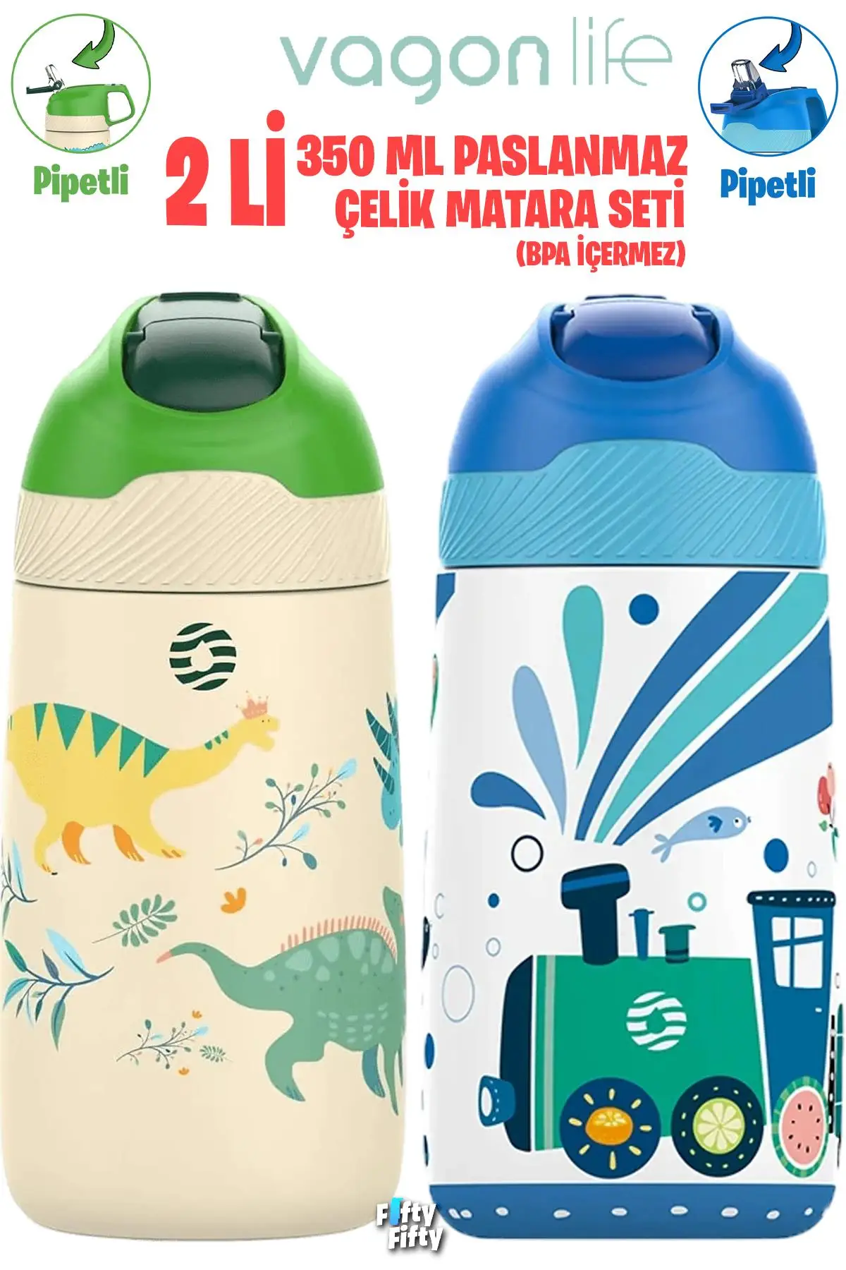 Vagonlife 2`Lİ SET 350 ML Çocuk Pipetli Çelik Matara Paslanmaz Çelik Termos 5 Farklı Renk 2055-350ML