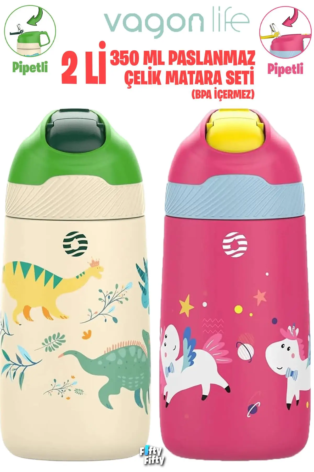 Vagonlife 2`Lİ SET 350 ML Çocuk Pipetli Çelik Matara Paslanmaz Çelik Termos 5 Farklı Renk 2055-350ML