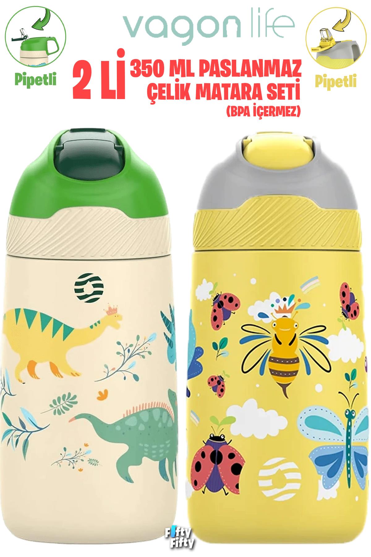 Vagonlife 2'Lİ SET 350 ML Çocuk Pipetli Çelik Matara Paslanmaz Çelik Termos 5 Farklı Renk 2055-350ML - Yeşil-Sarı