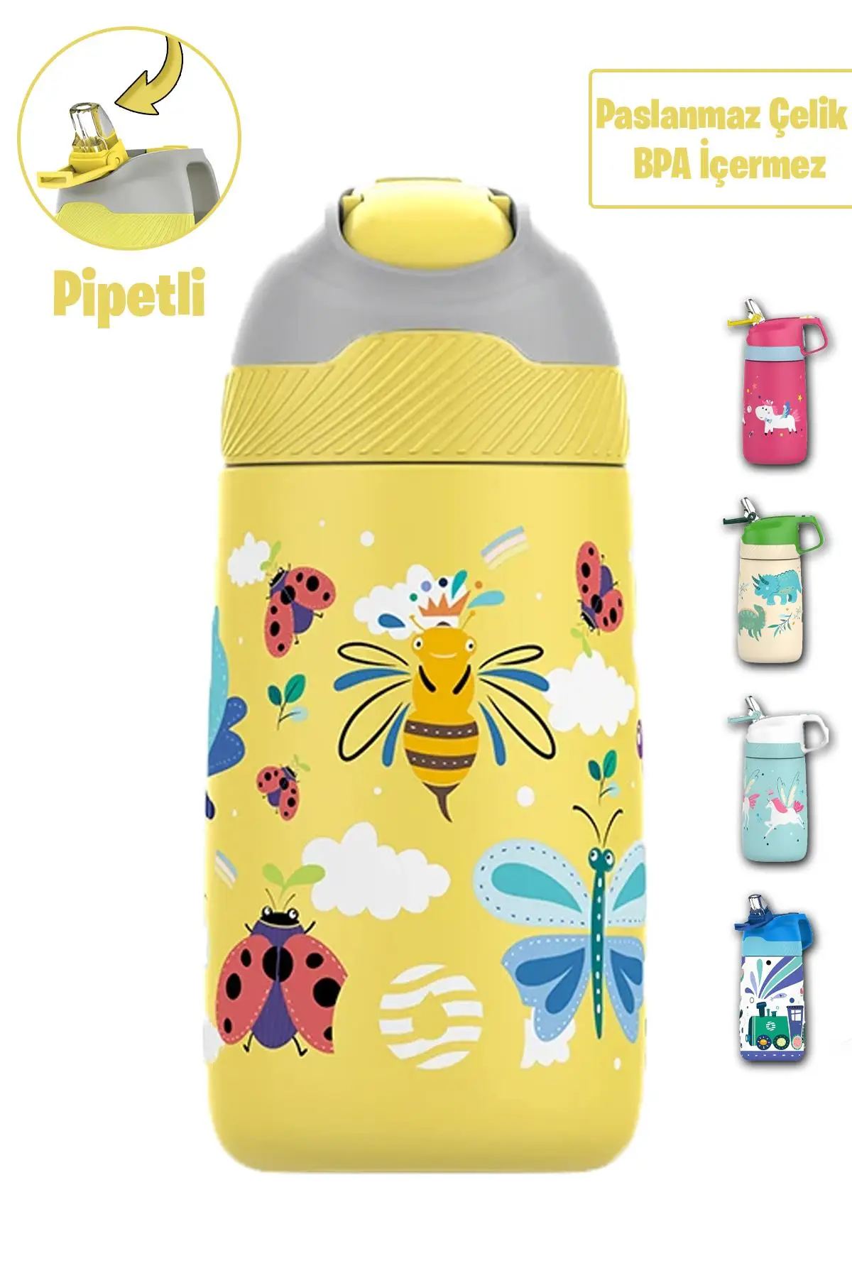 Vagonlife 2`Lİ SET 350 ML Çocuk Pipetli Çelik Matara Paslanmaz Çelik Termos 5 Farklı Renk 2055-350ML