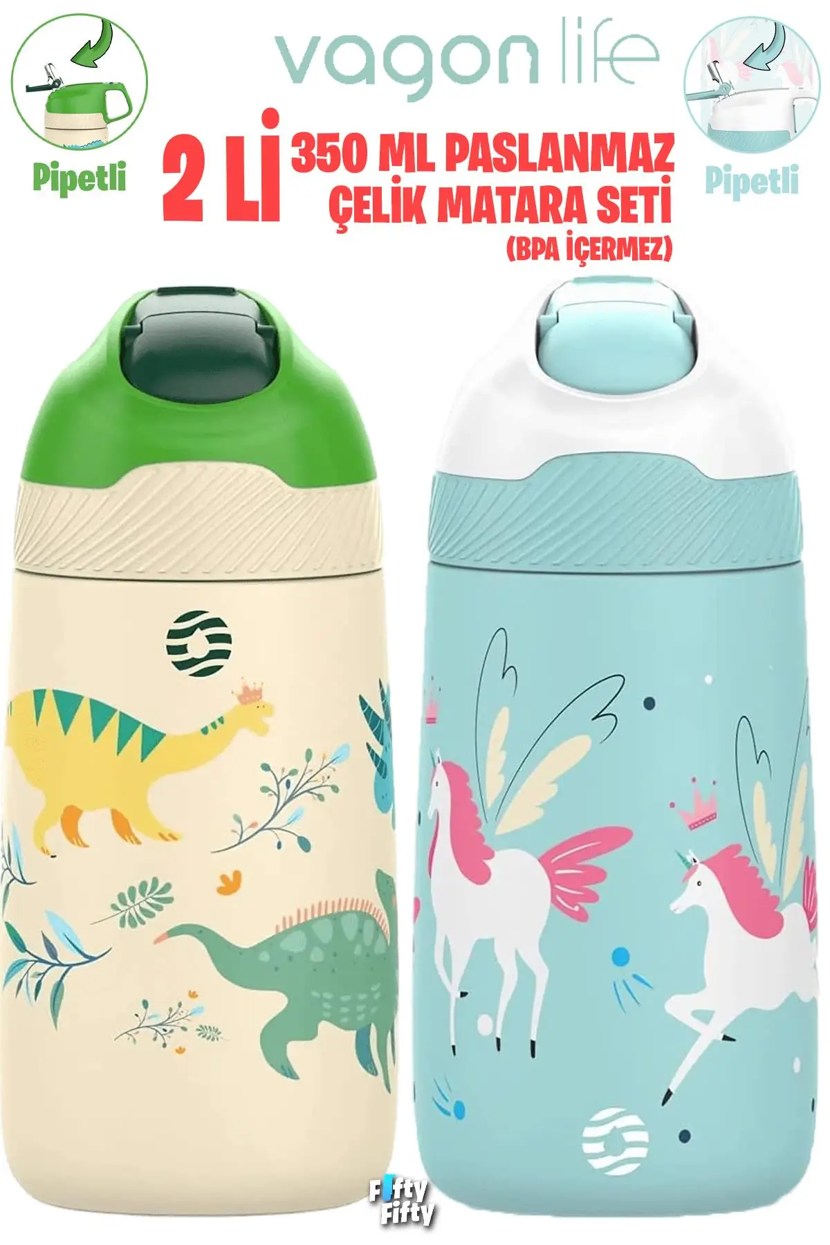 Vagonlife 2`Lİ SET 350 ML Çocuk Pipetli Çelik Matara Paslanmaz Çelik Termos 5 Farklı Renk 2055-350ML