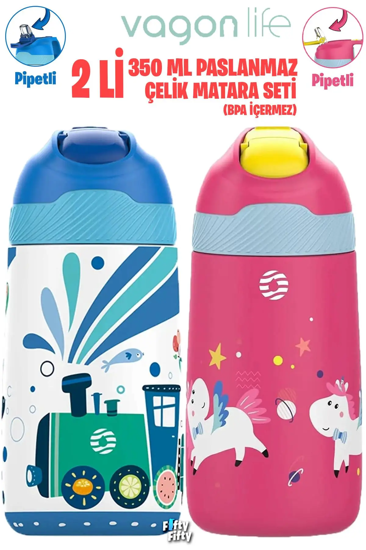 Vagonlife 2`Lİ SET 350 ML Çocuk Pipetli Çelik Matara Paslanmaz Çelik Termos 5 Farklı Renk 2055-350ML