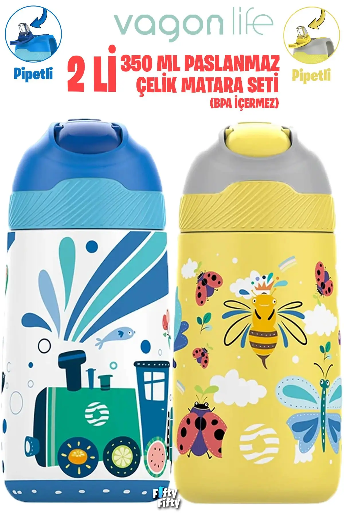 Vagonlife 2`Lİ SET 350 ML Çocuk Pipetli Çelik Matara Paslanmaz Çelik Termos 5 Farklı Renk 2055-350ML