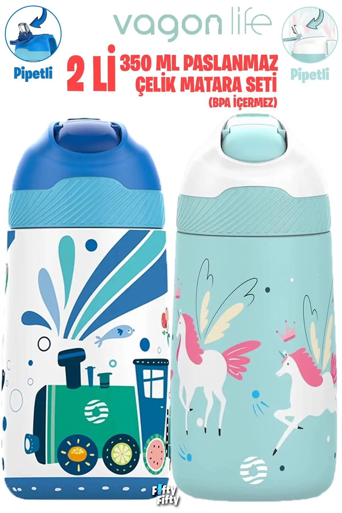 Vagonlife 2`Lİ SET 350 ML Çocuk Pipetli Çelik Matara Paslanmaz Çelik Termos 5 Farklı Renk 2055-350ML