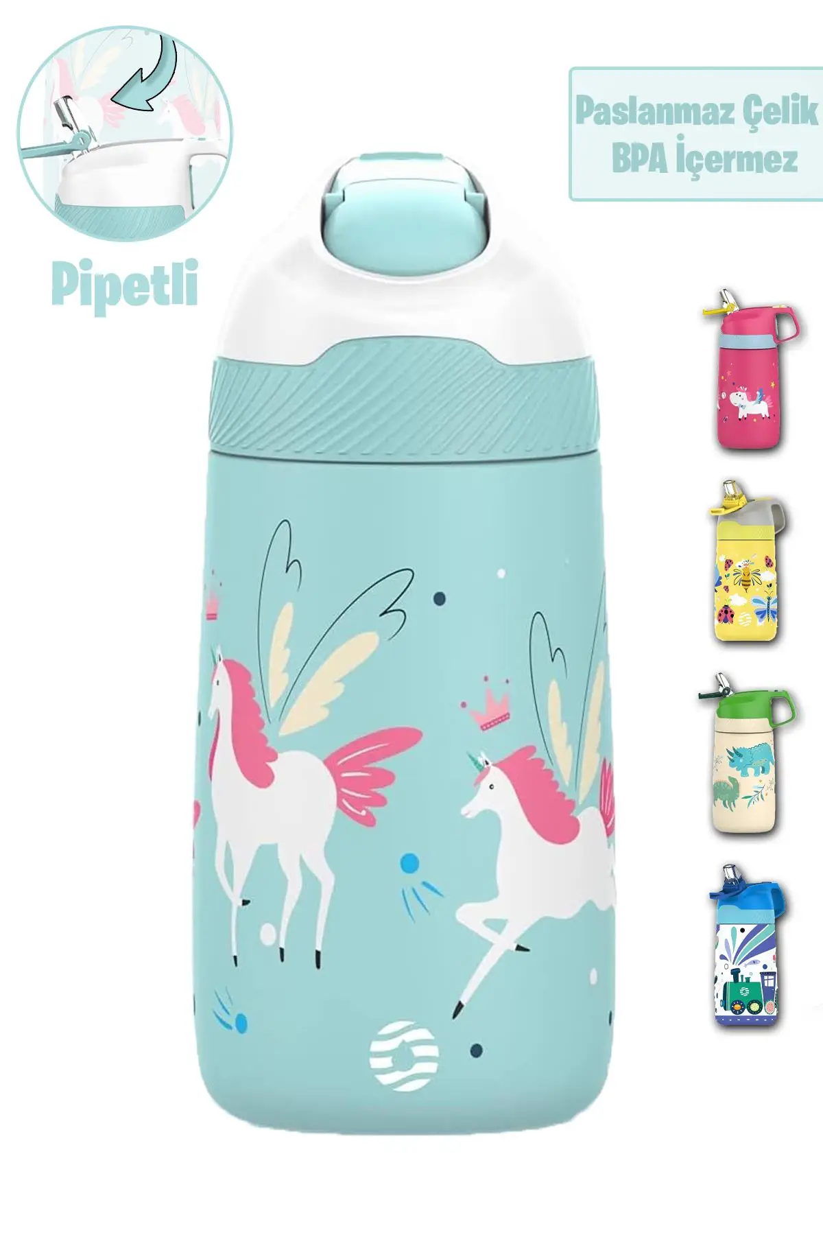 Vagonlife 2`Lİ SET 350 ML Çocuk Pipetli Çelik Matara Paslanmaz Çelik Termos 5 Farklı Renk 2055-350ML
