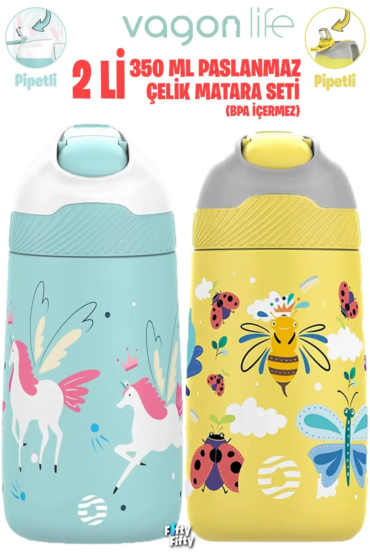 Vagonlife 2`Lİ SET 350 ML Çocuk Pipetli Çelik Matara Paslanmaz Çelik Termos 5 Farklı Renk 2055-350ML