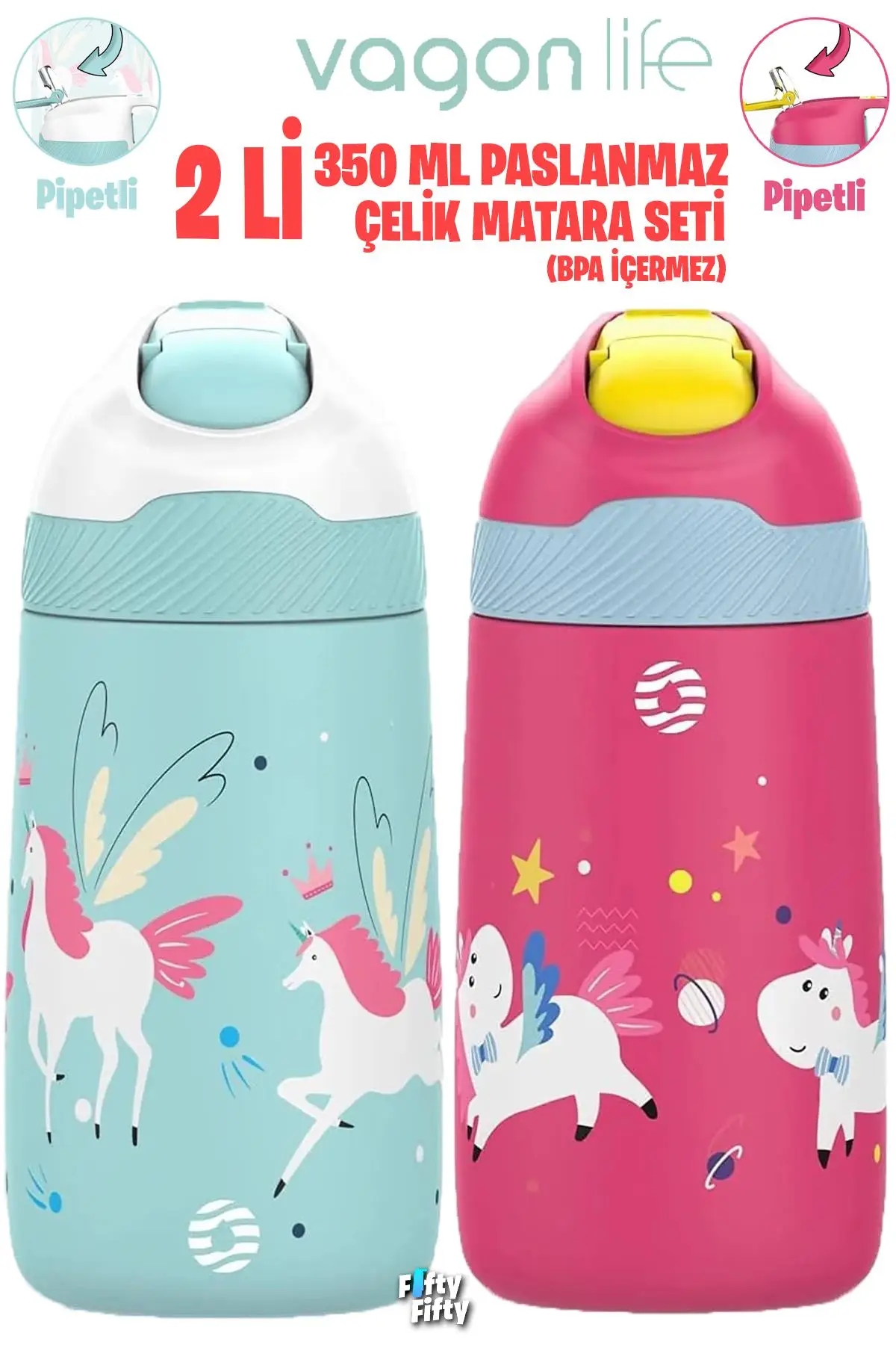 Vagonlife 2`Lİ SET 350 ML Çocuk Pipetli Çelik Matara Paslanmaz Çelik Termos 5 Farklı Renk 2055-350ML