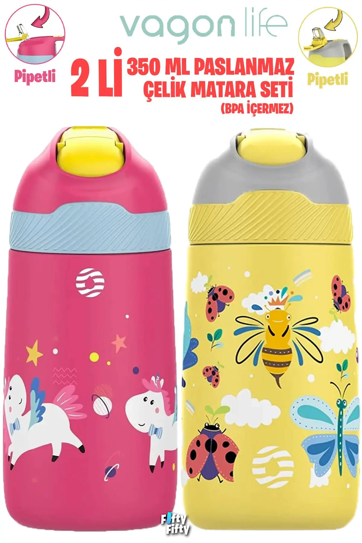 Vagonlife 2`Lİ SET 350 ML Çocuk Pipetli Çelik Matara Paslanmaz Çelik Termos 5 Farklı Renk 2055-350ML