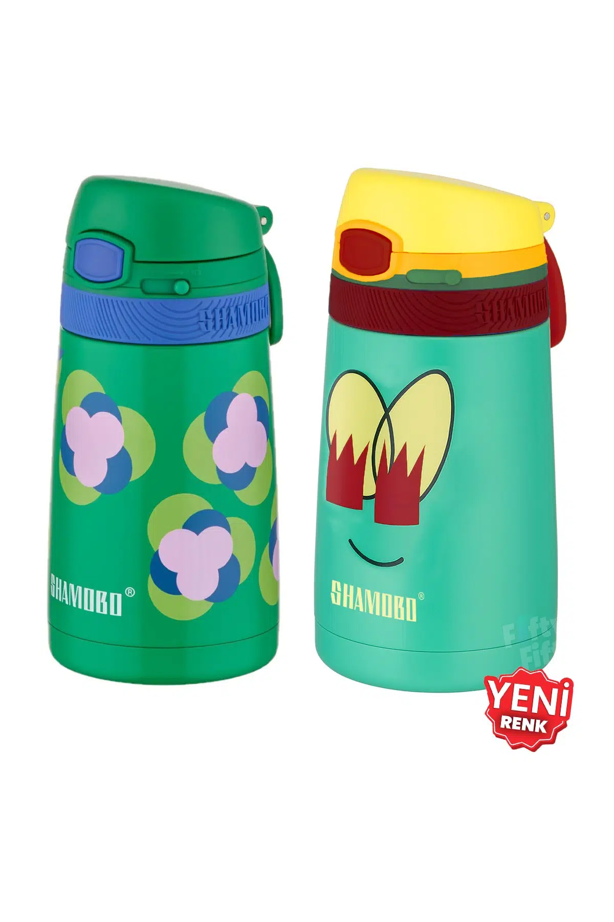 Shamobo 2Lİ SET Pipetli Çelik Termos 350ml -6 Saat Isı Yalıtımı- - Yeşil-AçıkYeşil