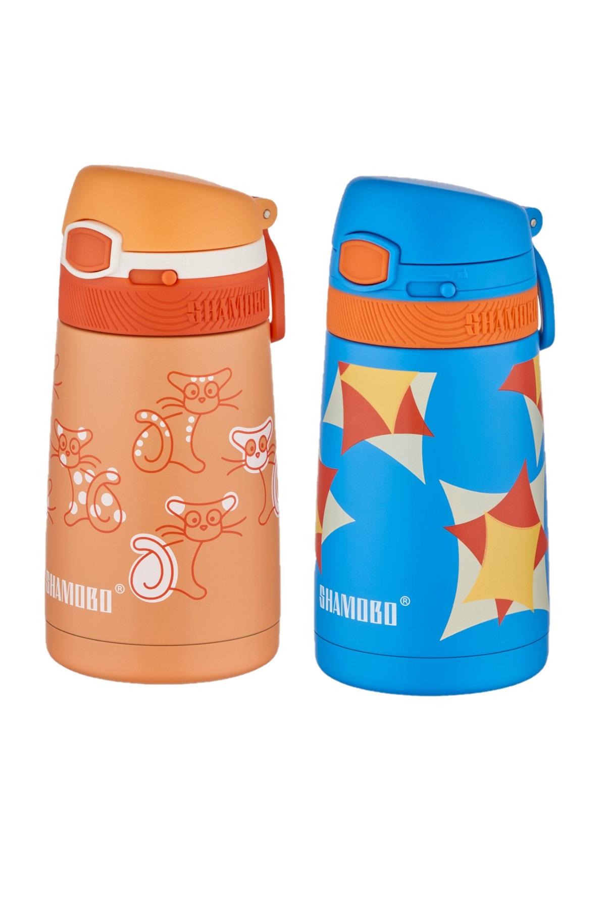 Shamobo 2Lİ SET Pipetli Çelik Termos 350ml -6 Saat Isı Yalıtımı- - Turuncu-Mavi