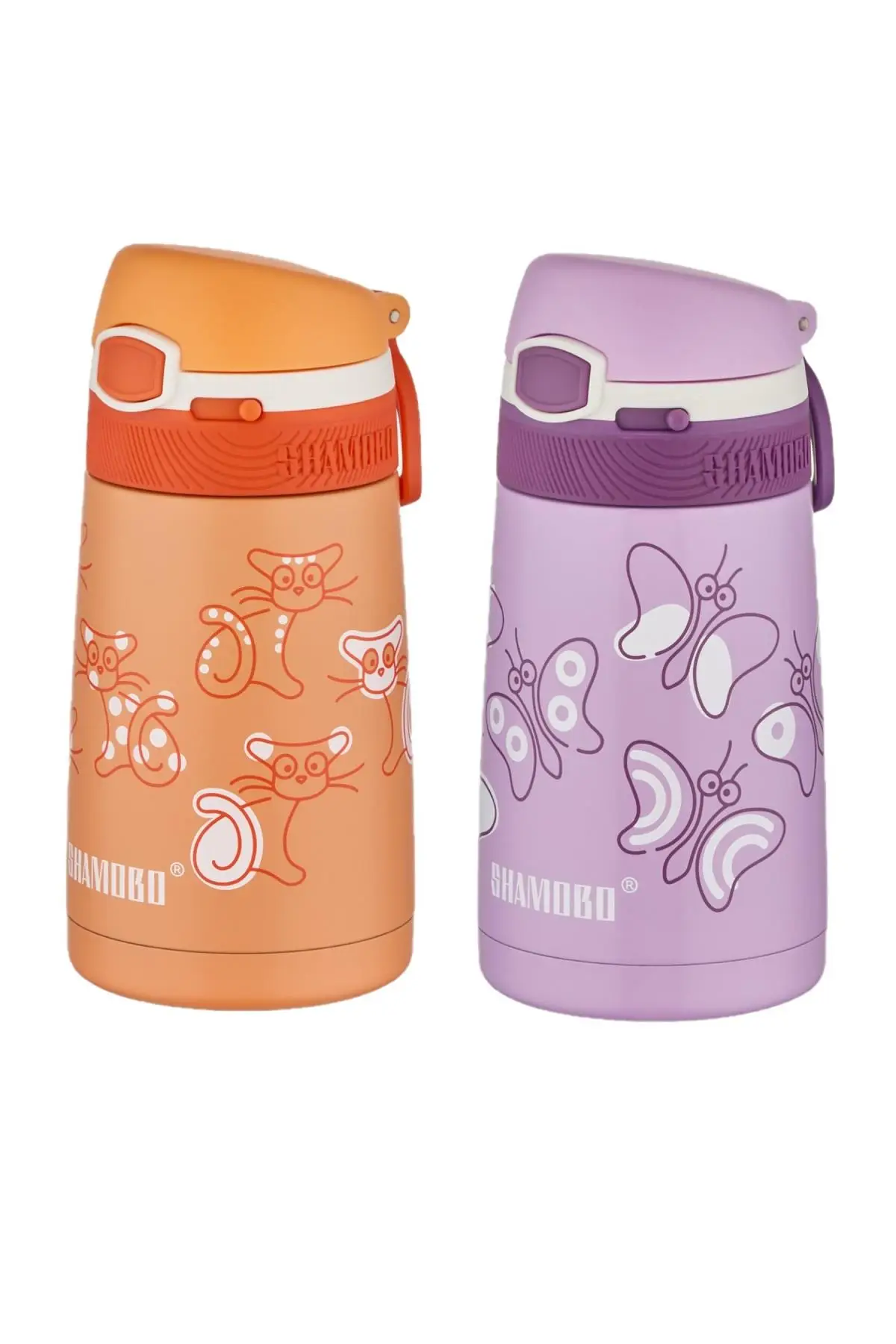 Shamobo 2Lİ SET Pipetli Çelik Termos 350ml -6 Saat Isı Yalıtımı- - Turuncu-Mor