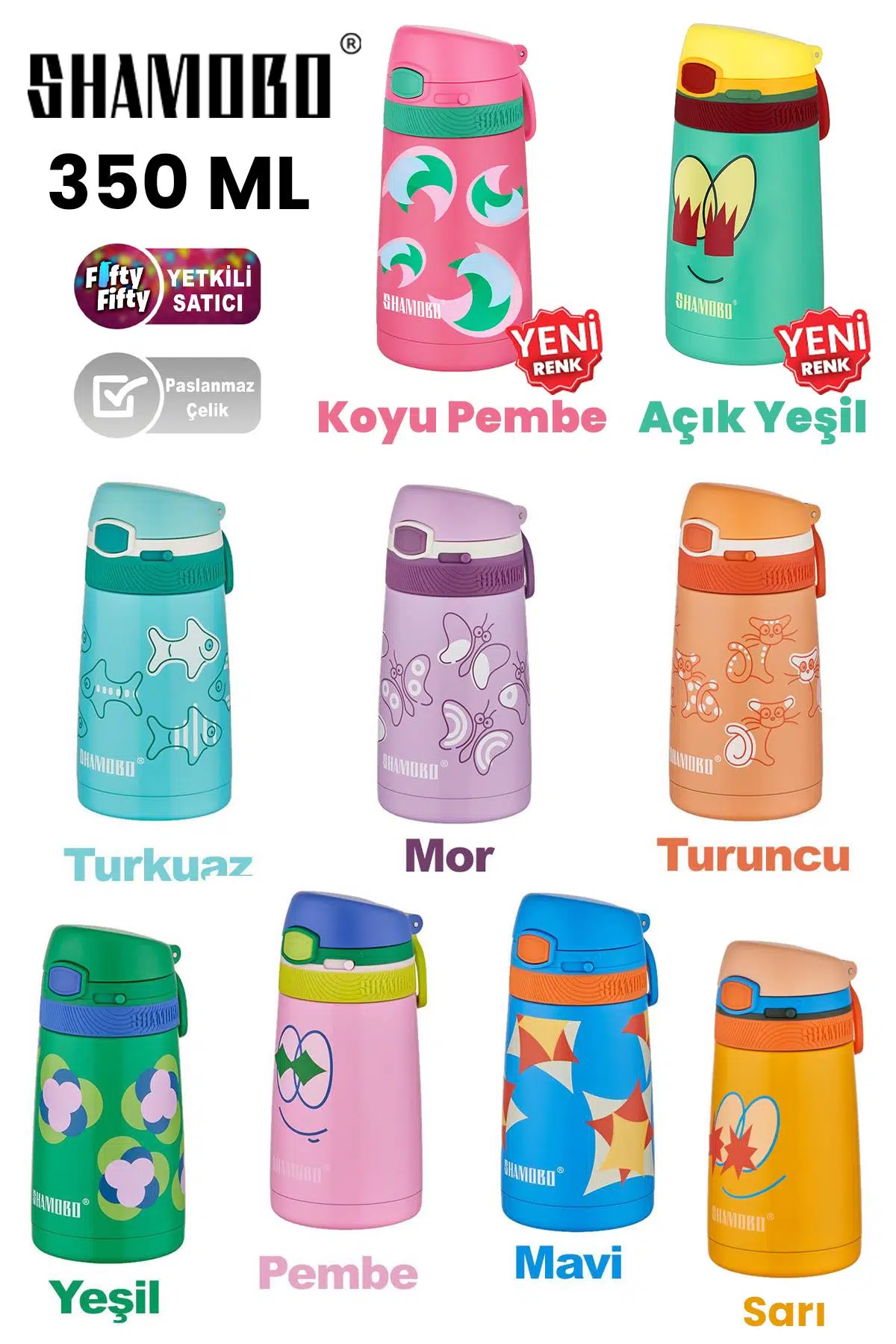Shamobo Çocuk 350 Ml Pipetli Paslanmaz Çelik Termos Bpa İçermez 9 Renk