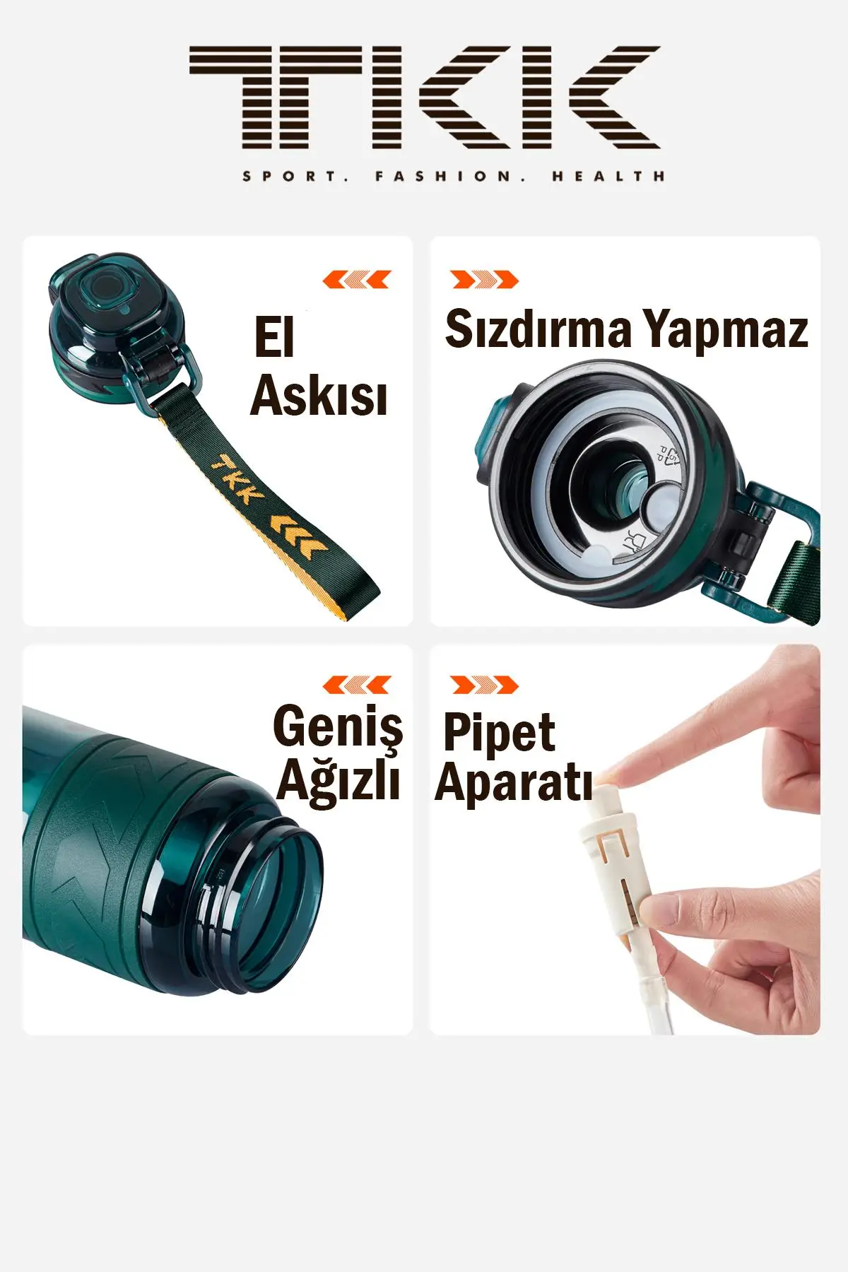 TKK 1000 ML Çift Kullanım Pipetli/Rahat içim Bpa İçermeyen Taşıma Askılı Tritan Su Matarası FFTKK1020-1000