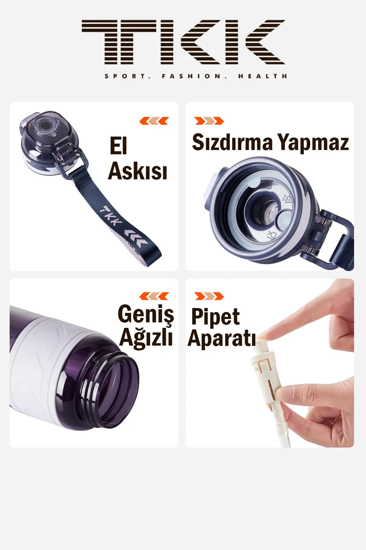 TKK 1000 ML Çift Kullanım Pipetli/Rahat içim Bpa İçermeyen Taşıma Askılı Tritan Su Matarası FFTKK1020-1000