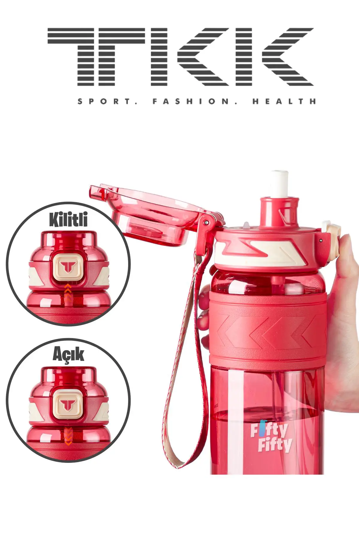 TKK 1000 ML Çift Kullanım Pipetli/Rahat içim Bpa İçermeyen Taşıma Askılı Tritan Su Matarası FFTKK1020-1000