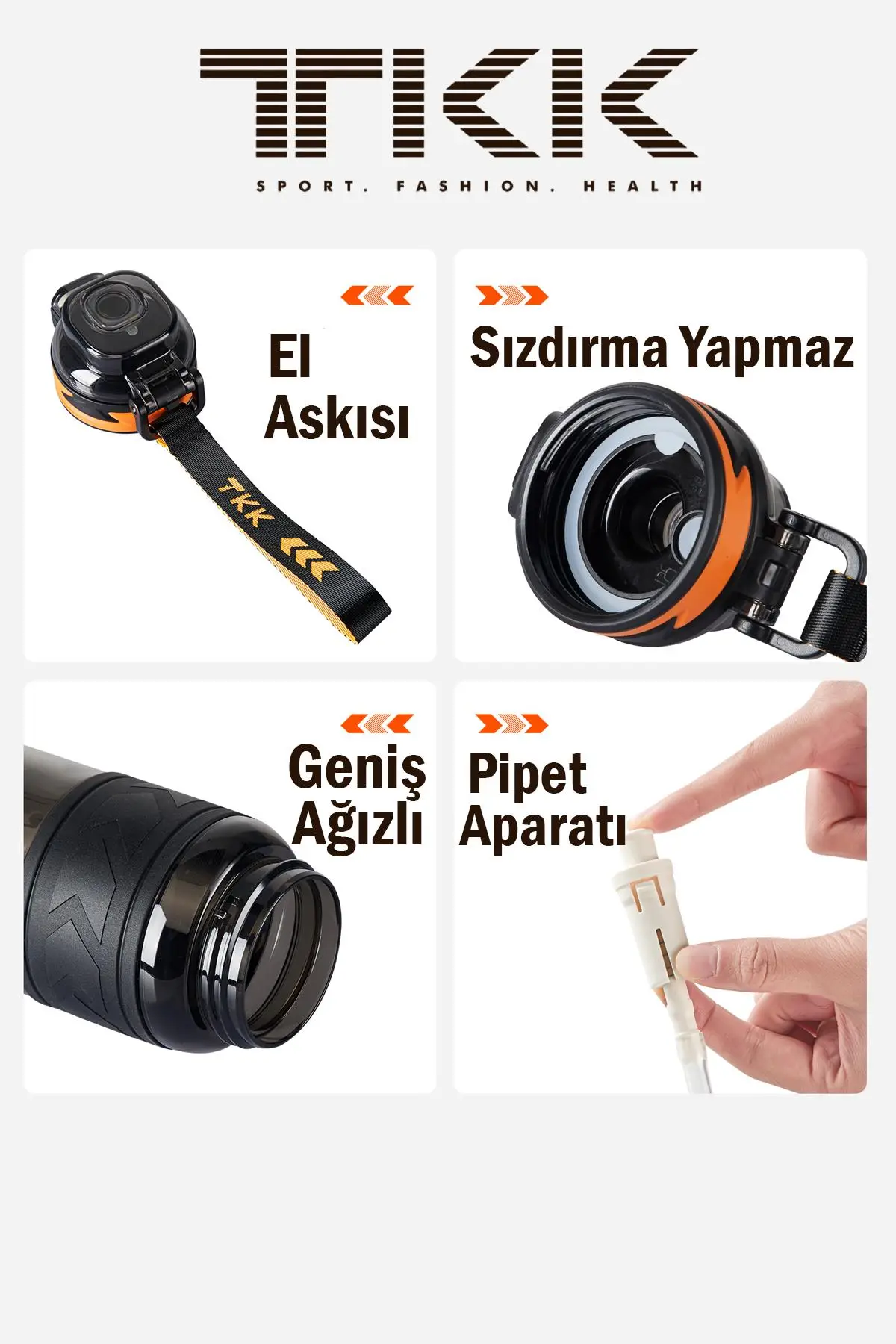 TKK 1000 ML Çift Kullanım Pipetli/Rahat içim Bpa İçermeyen Taşıma Askılı Tritan Su Matarası FFTKK1020-1000