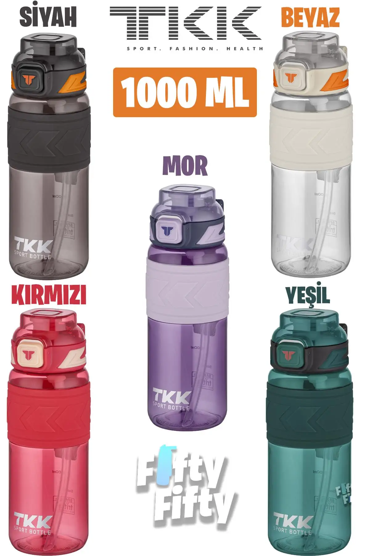 TKK 1000 ML Çift Kullanım Pipetli/Rahat içim Bpa İçermeyen Taşıma Askılı Tritan Su Matarası FFTKK1020-1000