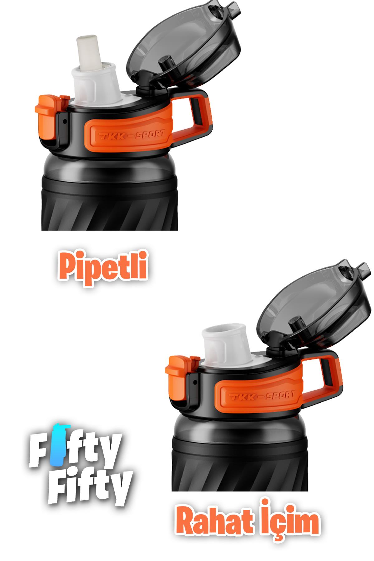 TKK 600 ML Çift Kullanım Pipetli/Rahat içim Bpa İçermeyen Taşıma Kulplu Tritan Su Matarası FFTKK1025-600ML