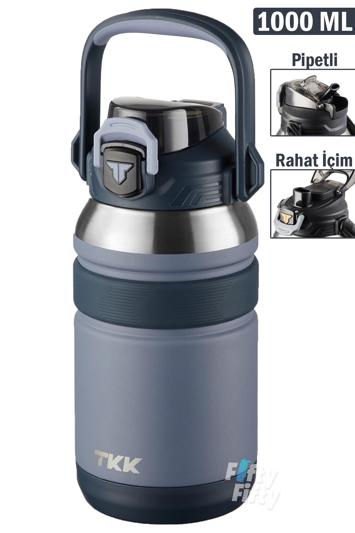 TKK 1000 ML Profesyonel Kamp Matarası/Çelik Termos Çift Kullanım Pipetli/Rahat İçim 12/24 Yalıtım -20311000 - Mavi