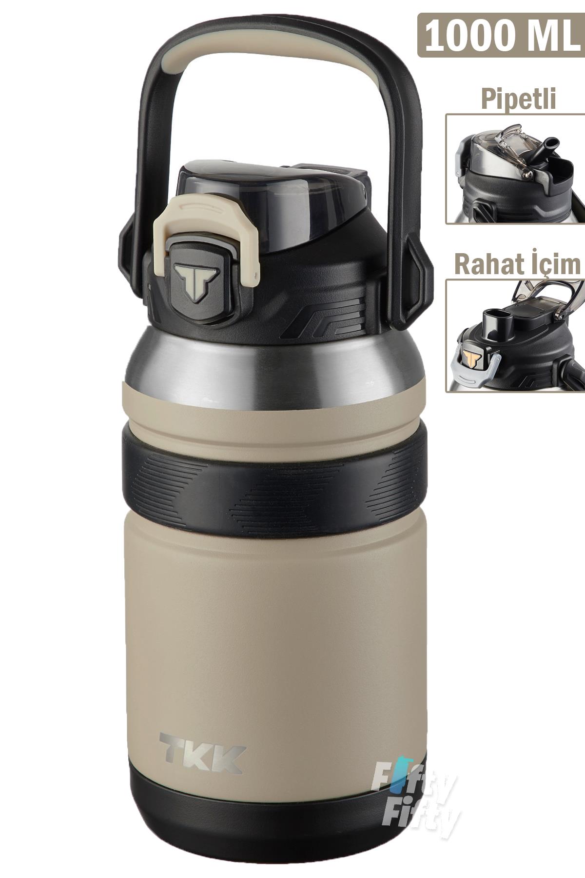 TKK 1000 ML Profesyonel Kamp Matarası/Çelik Termos Çift Kullanım Pipetli/Rahat İçim 12/24 Yalıtım -20311000 - Kırık Beyaz