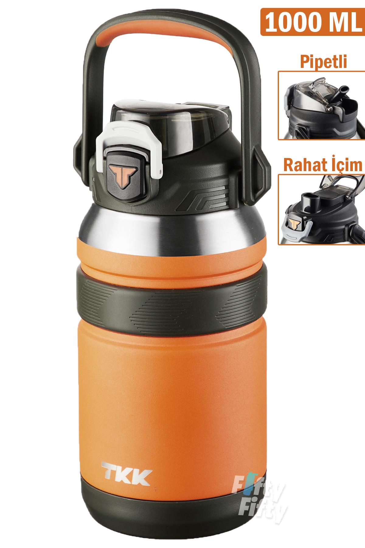 TKK 1000 ML Profesyonel Kamp Matarası/Çelik Termos Çift Kullanım Pipetli/Rahat İçim 12/24 Yalıtım -20311000 - Turuncu