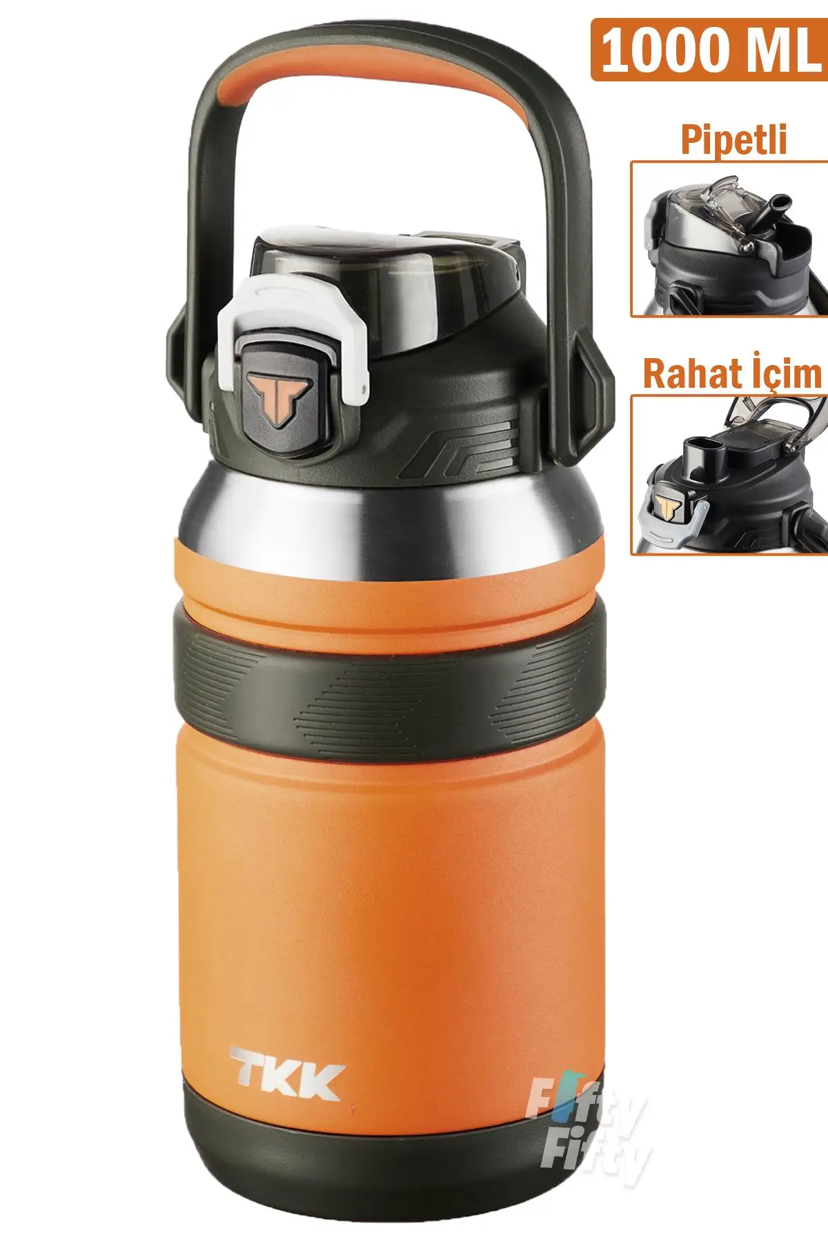 TKK 1000 ML Profesyonel Kamp Matarası/Çelik Termos Çift Kullanım Pipetli/Rahat İçim 12/24 Yalıtım -20311000 - Turuncu