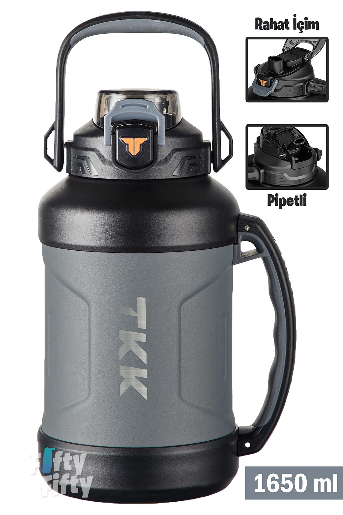 TKK 1650 ML Profesyonel Kamp Matarası/Çelik Termos Çift Kullanım Pipetli/Rahat İçim 12/24 Yalıtım -20281650 - Gri