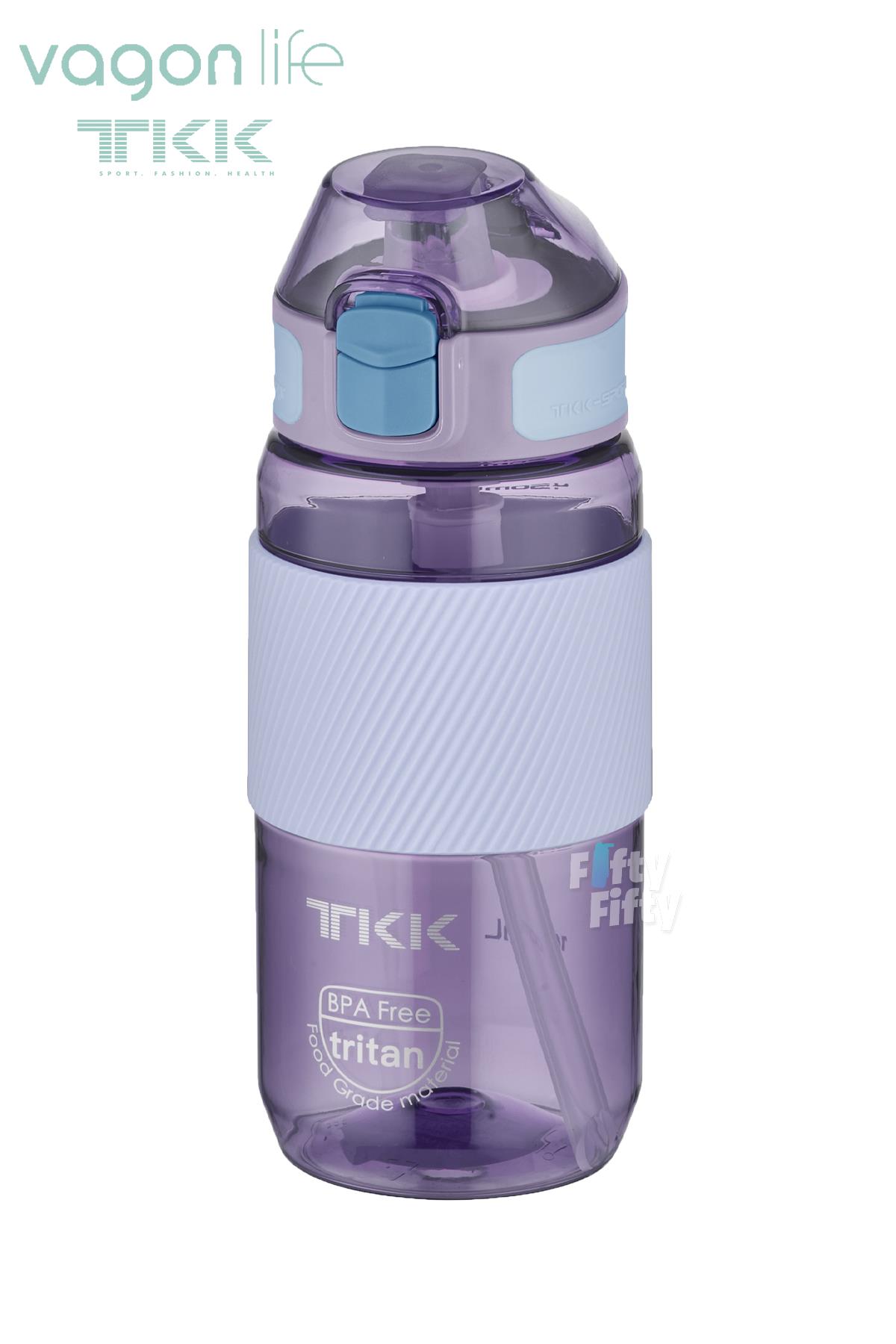 TKK 500 ML Kalın Isırılamaz Pipetli Bpa İçermeyen Taşıma Kulplu Tritan Su Matarası FFTKK1003-500ML - Mor