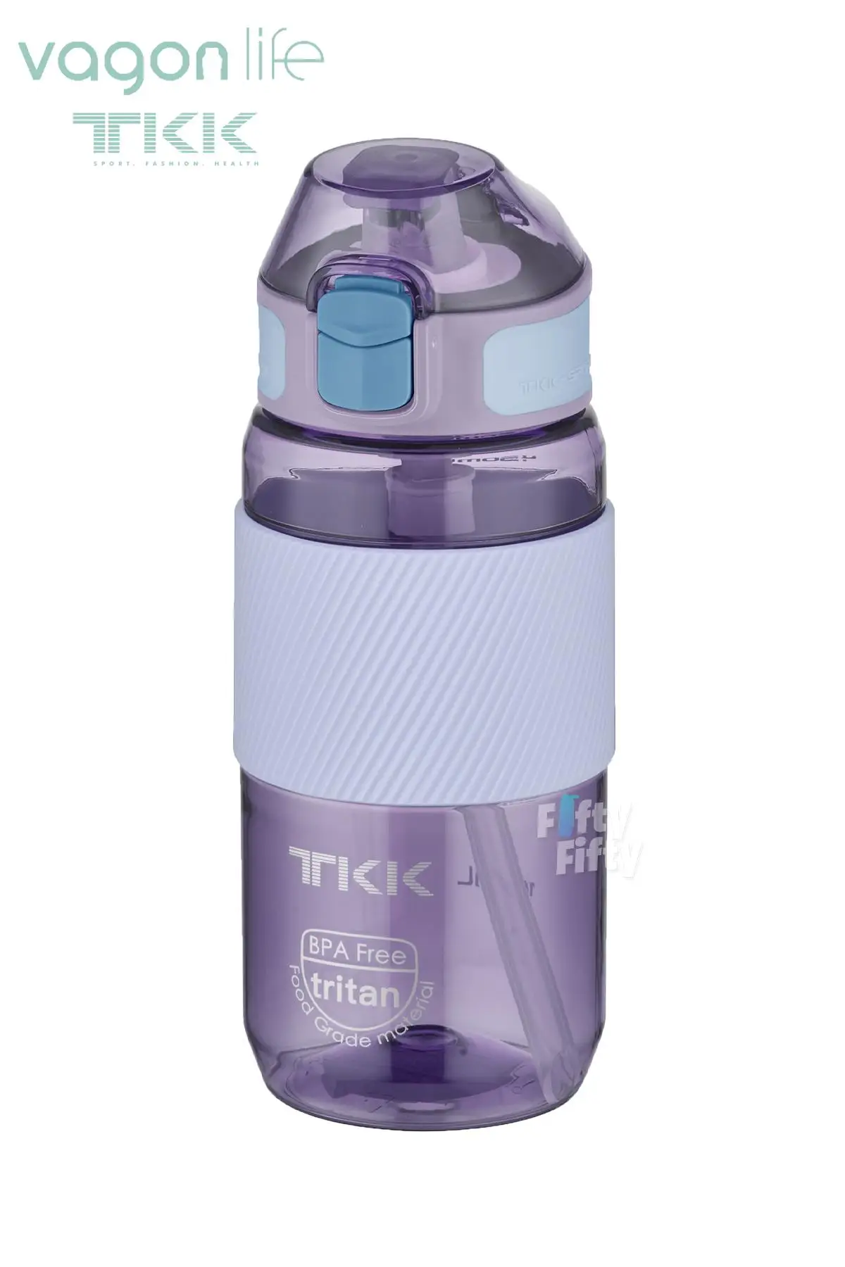 TKK 500 ML Kalın Isırılamaz Pipetli Bpa İçermeyen Taşıma Kulplu Tritan Su Matarası FFTKK1003-500ML - Mor