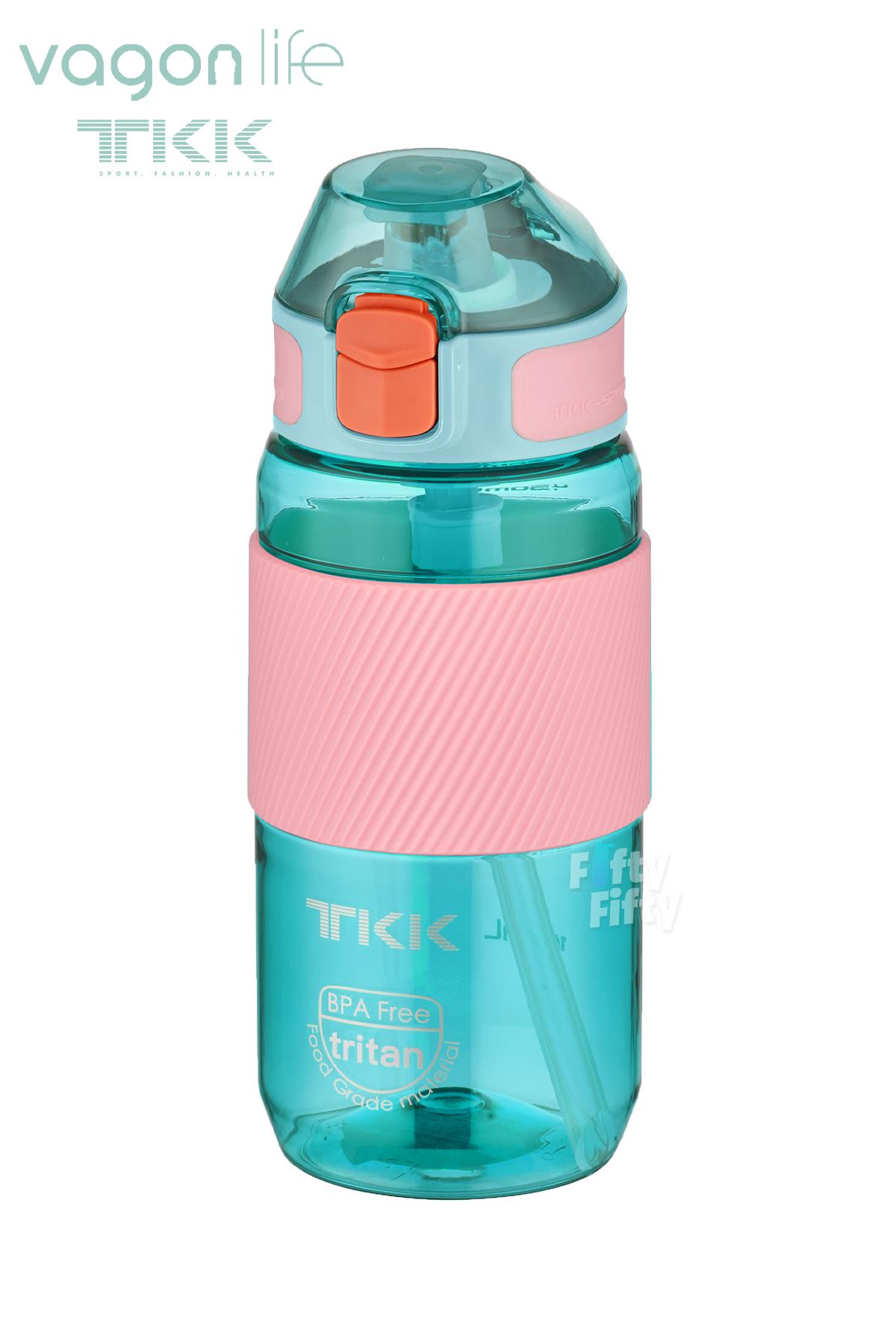 TKK 500 ML Kalın Isırılamaz Pipetli Bpa İçermeyen Taşıma Kulplu Tritan Su Matarası FFTKK1003-500ML - Turkuaz