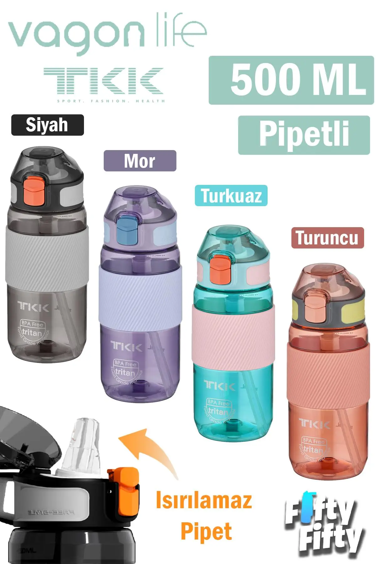 TKK 500 ML Kalın Isırılamaz Pipetli Bpa İçermeyen Taşıma Kulplu Tritan Su Matarası FFTKK1003-500ML