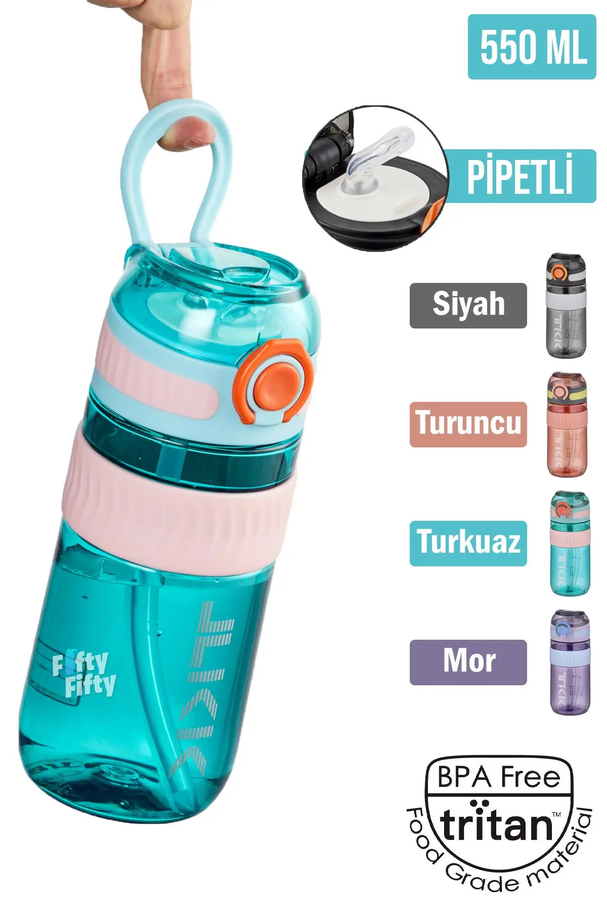 TKK 550 ML Pipetli Bpa İçermeyen Taşıma Kulplu Tritan Su Matarası FFTKK1016-550MLPipetli