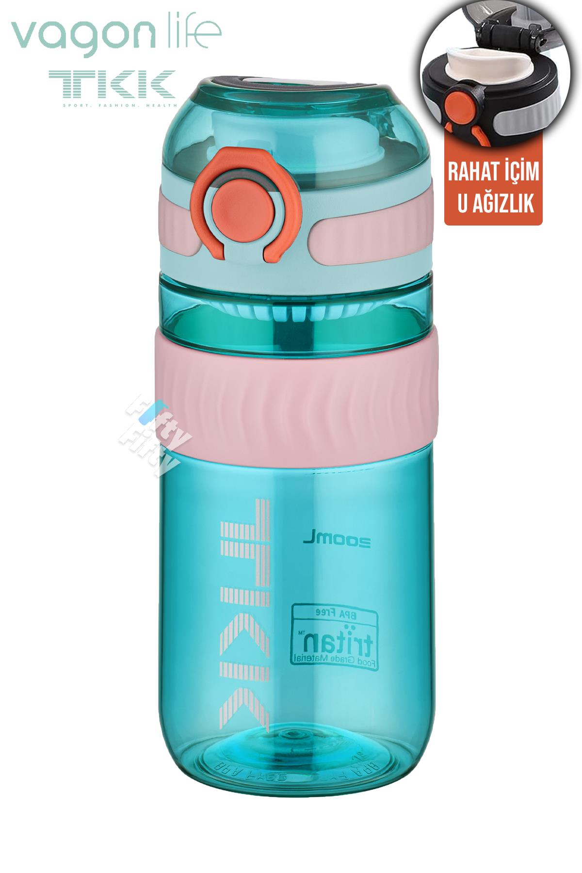 TKK 550 ML Rahat İçim (U Ağızlı) Bpa İçermeyen Taşıma Kulplu Tritan Su Matarası FFTKK1016-550ML - Turkuaz