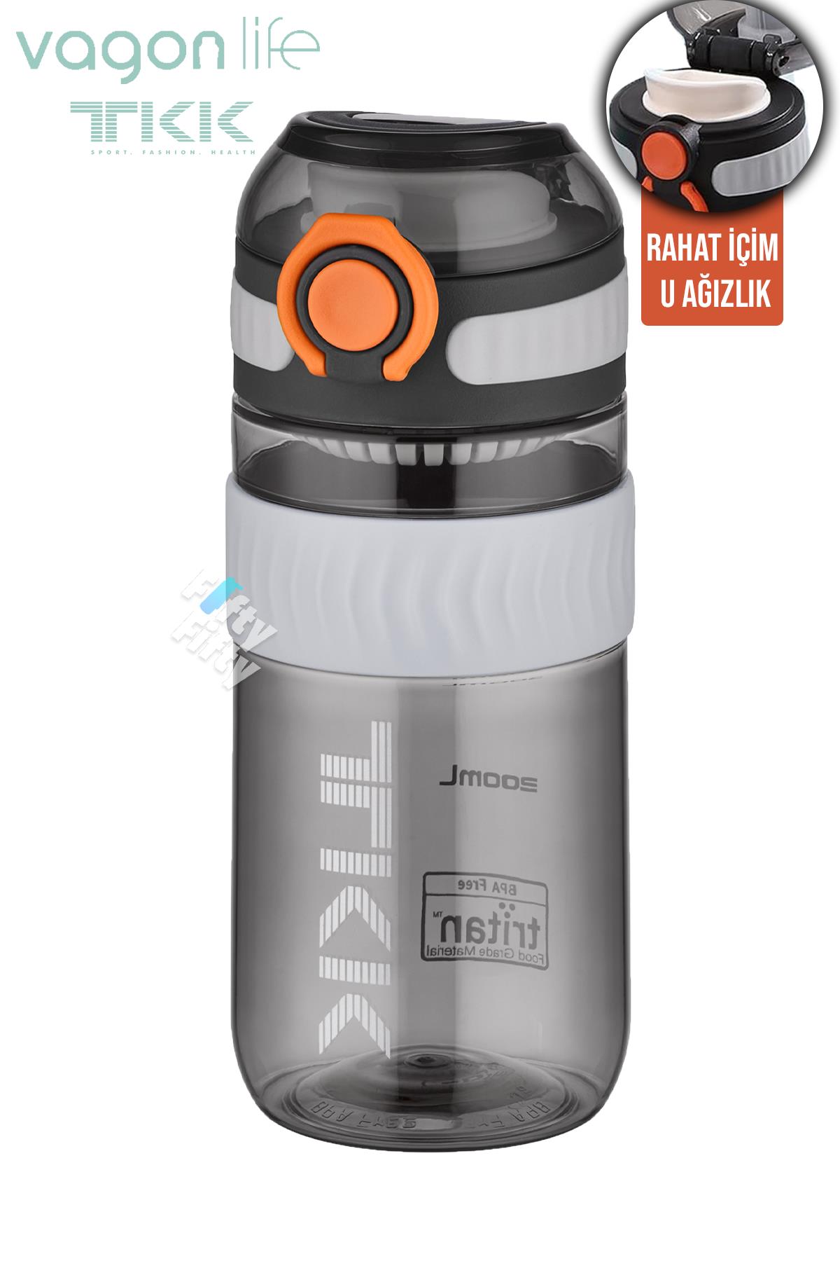 TKK 550 ML Rahat İçim (U Ağızlı) Bpa İçermeyen Taşıma Kulplu Tritan Su Matarası FFTKK1016-550ML - Siyah