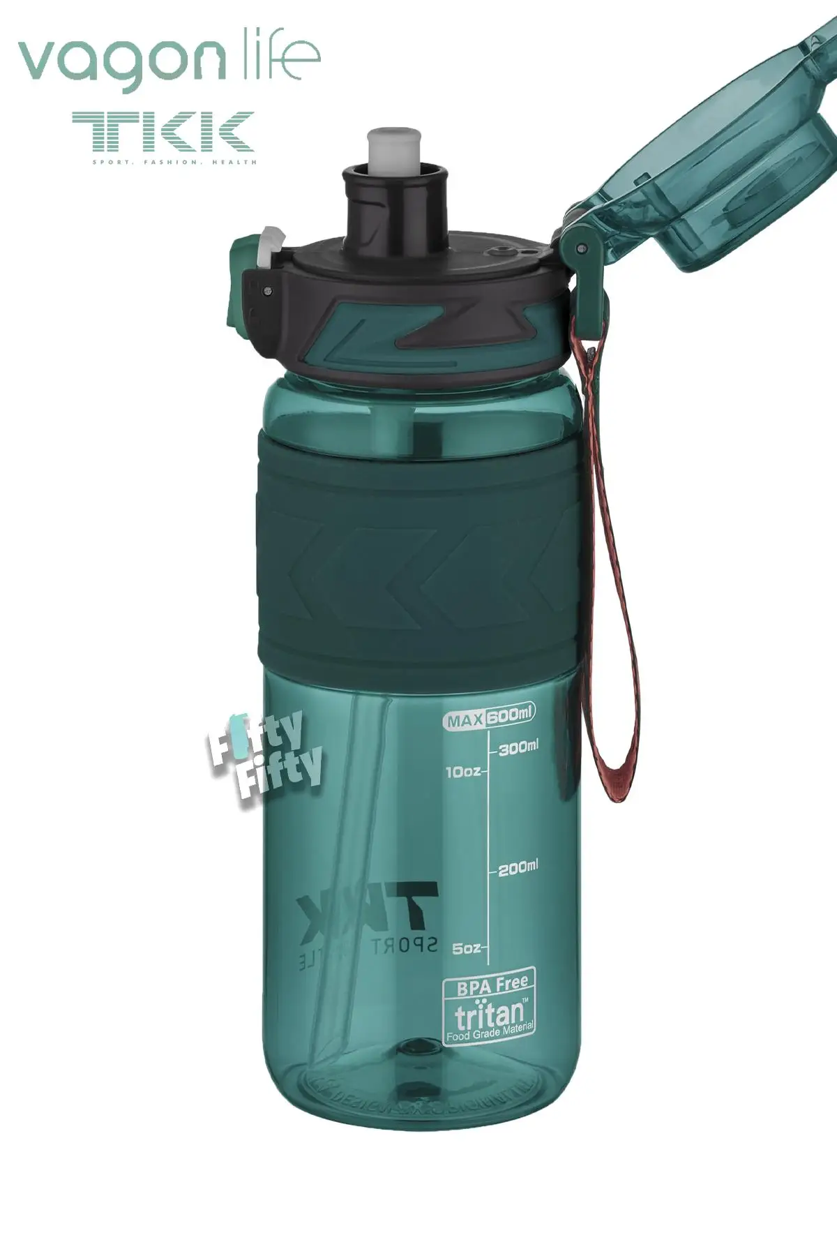TKK 600 ML Çift Kullanım Pipetli/Rahat içim Bpa İçermeyen Taşıma Askılı Tritan Su Matarası FFTKK1019-600
