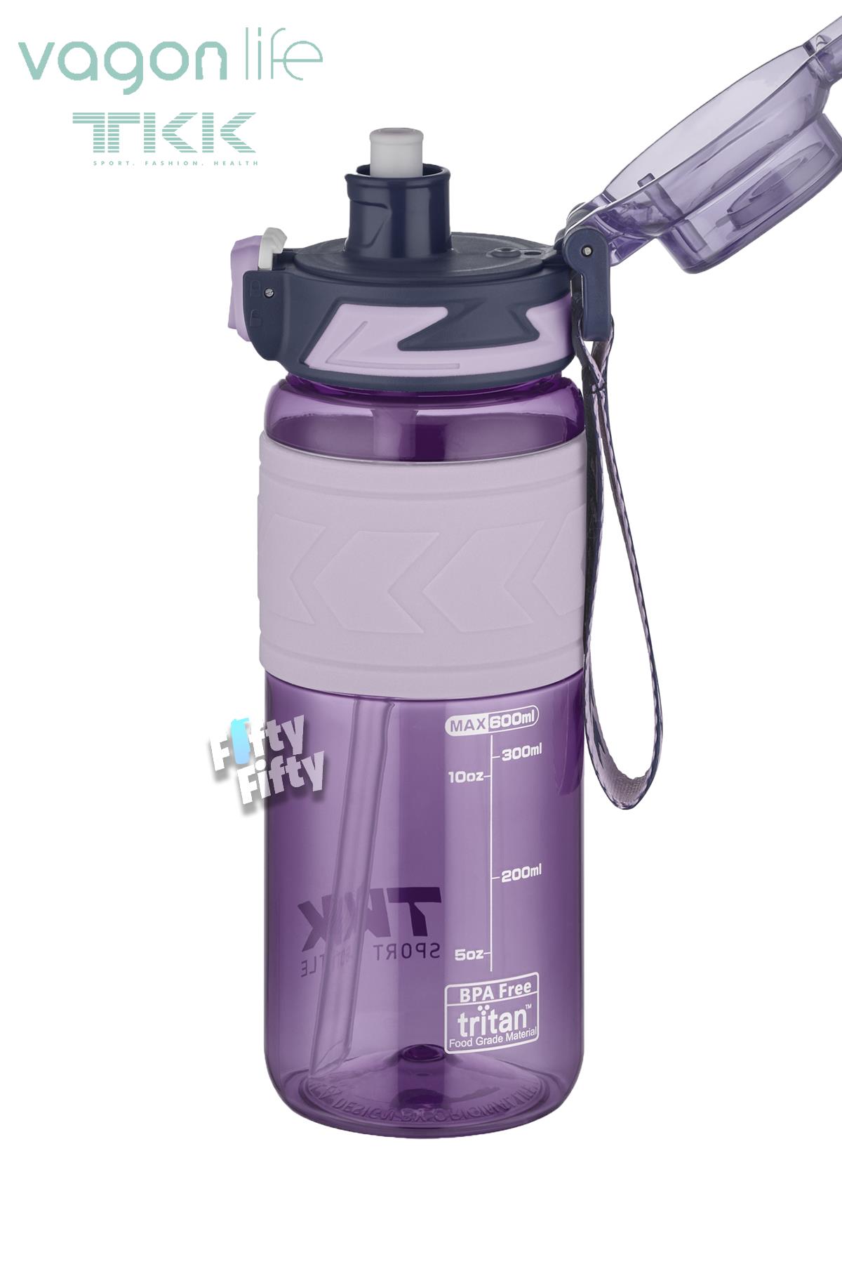 TKK 600 ML Çift Kullanım Pipetli/Rahat içim Bpa İçermeyen Taşıma Askılı Tritan Su Matarası FFTKK1019-600