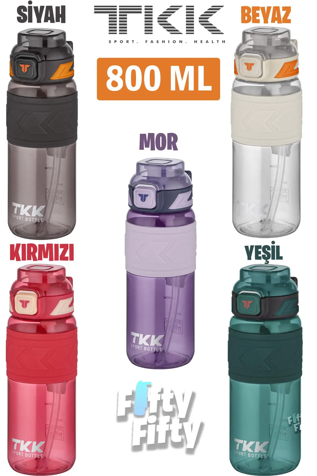 TKK 800 ML Çift Kullanım Pipetli/Rahat içim Bpa İçermeyen Taşıma Askılı Tritan Su Matarası FFTKK1020-800ML