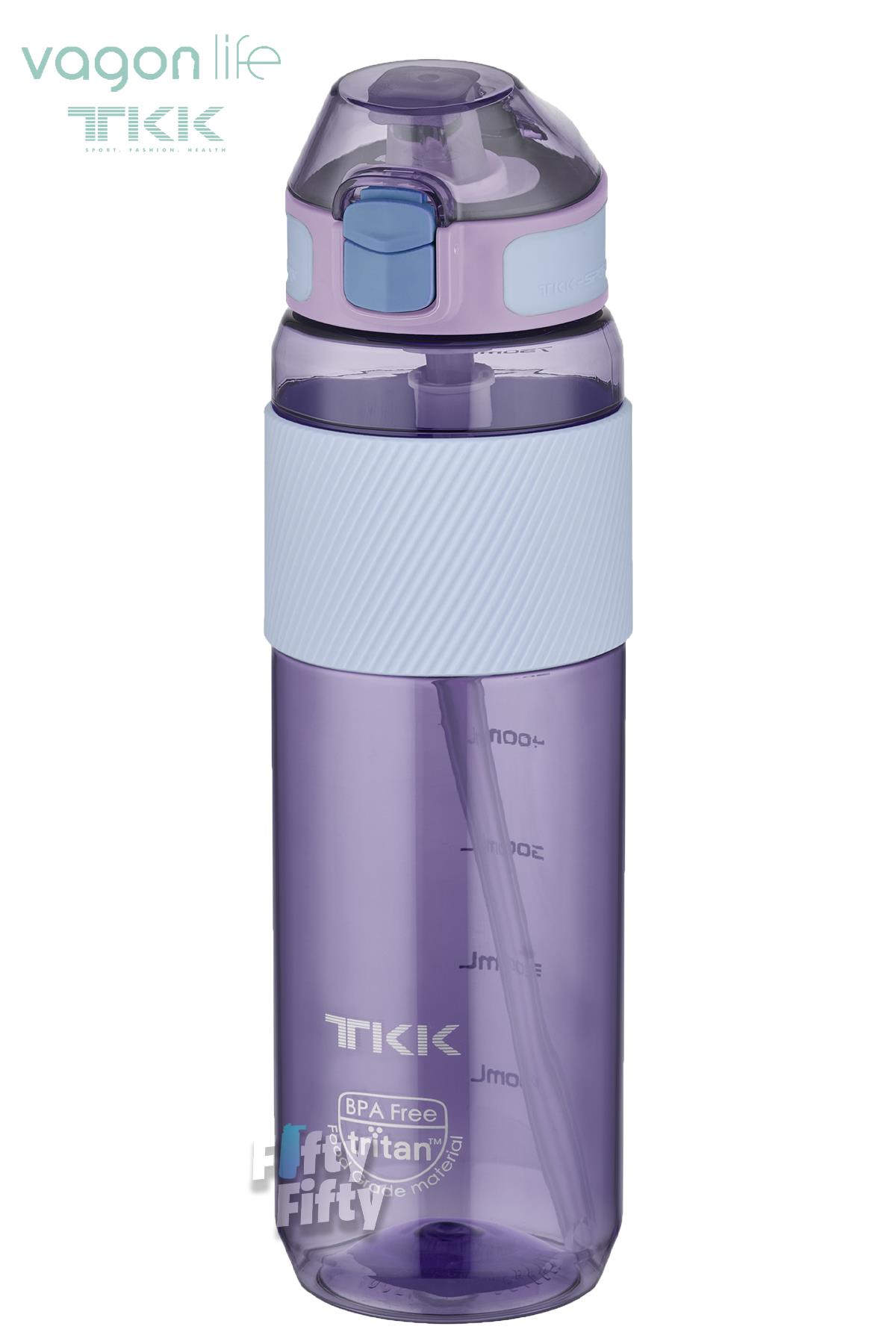 TKK 800 ML Kalın Isırılamaz Pipetli Bpa İçermeyen Taşıma Kulplu Tritan Su Matarası FFTKK1003-800ML - Mor