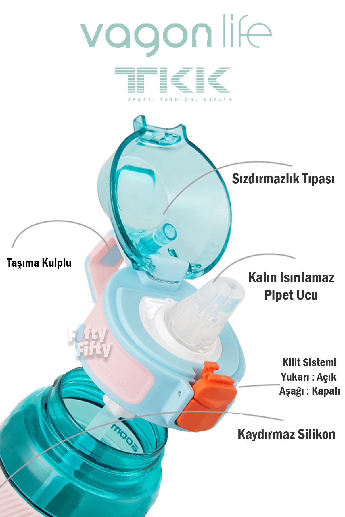 TKK 800 ML Kalın Isırılamaz Pipetli Bpa İçermeyen Taşıma Kulplu Tritan Su Matarası FFTKK1003-800ML