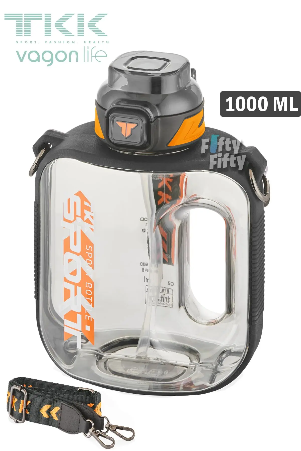TKK 1000 ML Çift Kullanım Pipetli/Rahat içim Bpa İçermeyen Askılı Tritan Su Matarası FFTKK1022-1000 - SİYAH