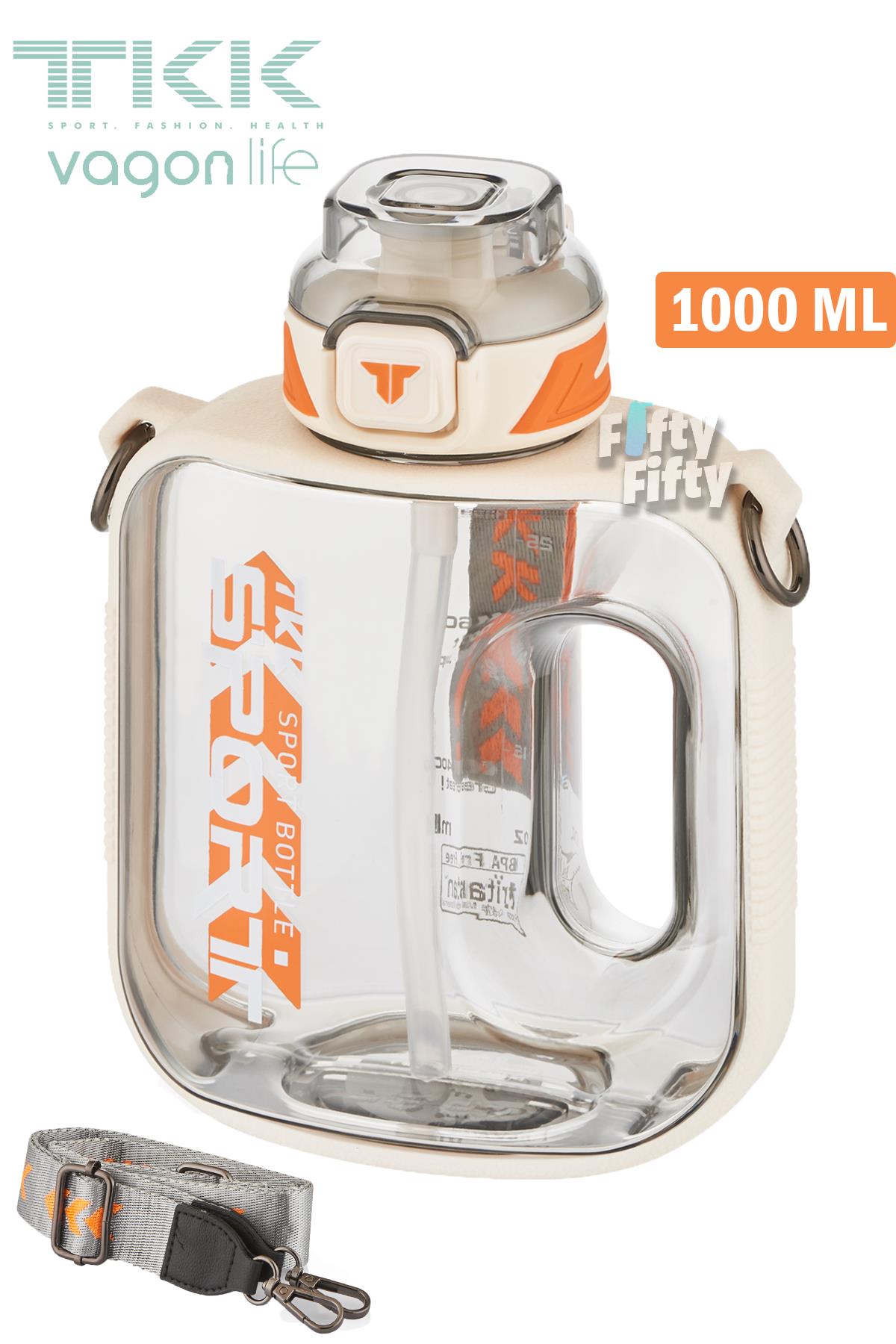 TKK 1000 ML Çift Kullanım Pipetli/Rahat içim Bpa İçermeyen Askılı Tritan Su Matarası FFTKK1022-1000 - BEYAZ