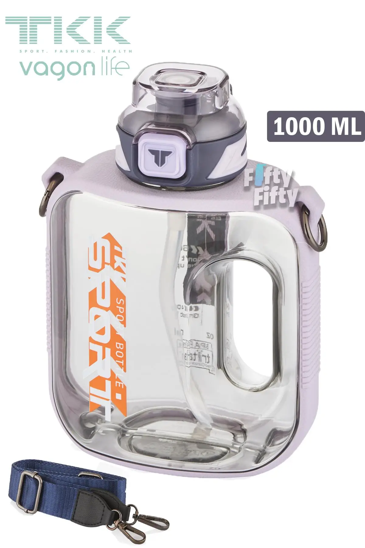 TKK 1000 ML Çift Kullanım Pipetli/Rahat içim Bpa İçermeyen Askılı Tritan Su Matarası FFTKK1022-1000 - MOR
