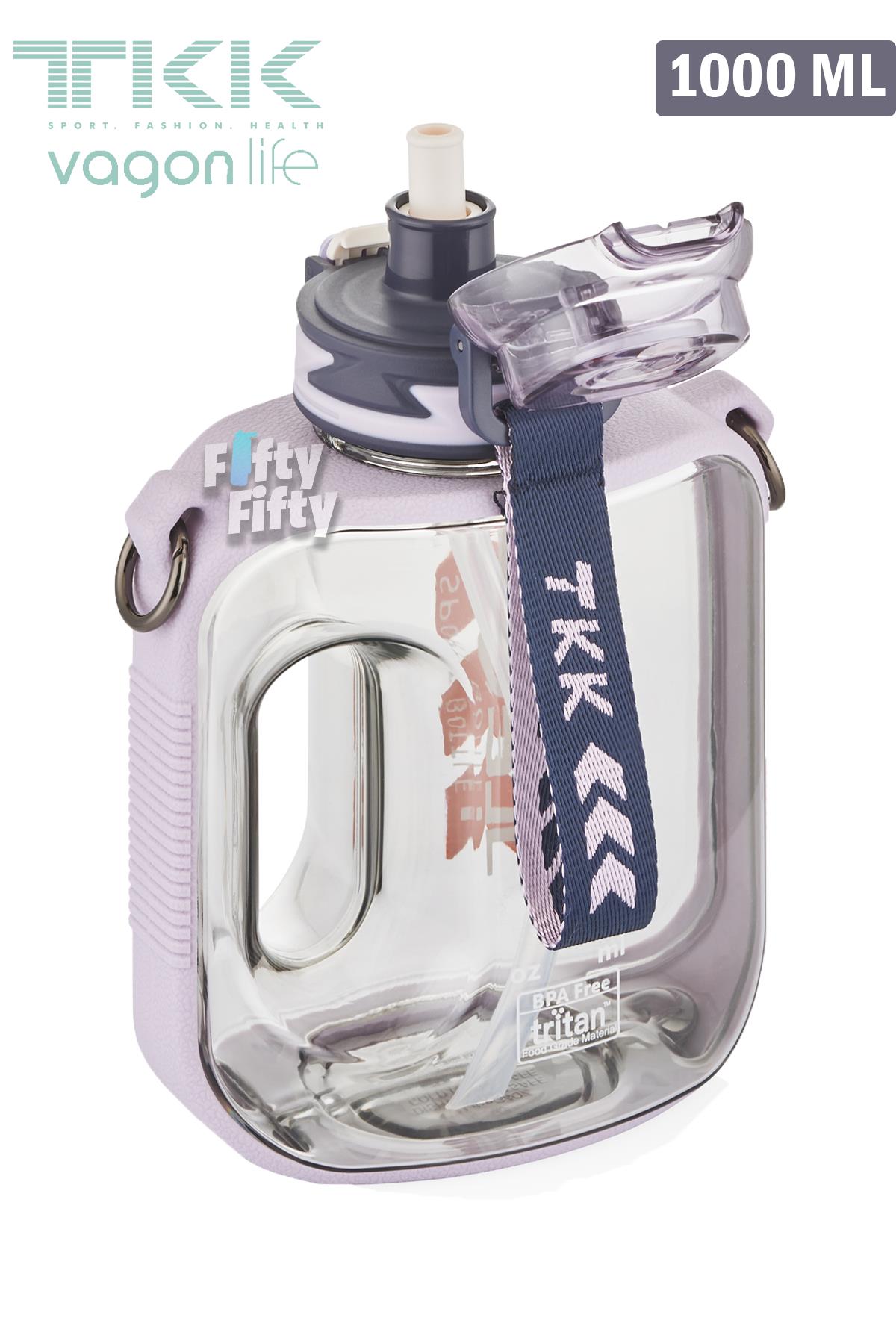 TKK 1000 ML Çift Kullanım Pipetli/Rahat içim Bpa İçermeyen Askılı Tritan Su Matarası FFTKK1022-1000